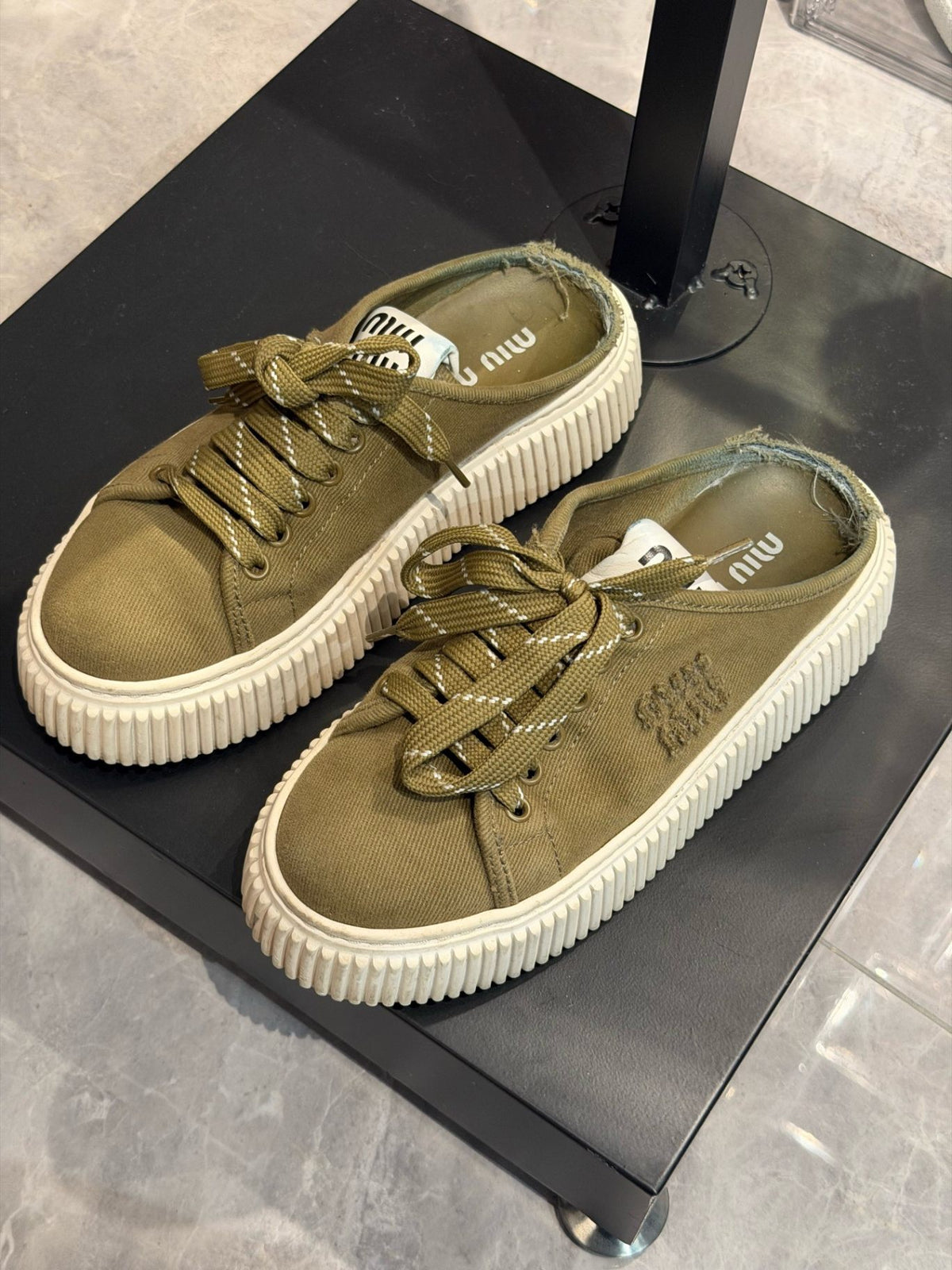 MIU MIU Canvas Platform Mules – Olive Canvas with Ivory Rubber Sole, EU 37, Good Pre-Owned