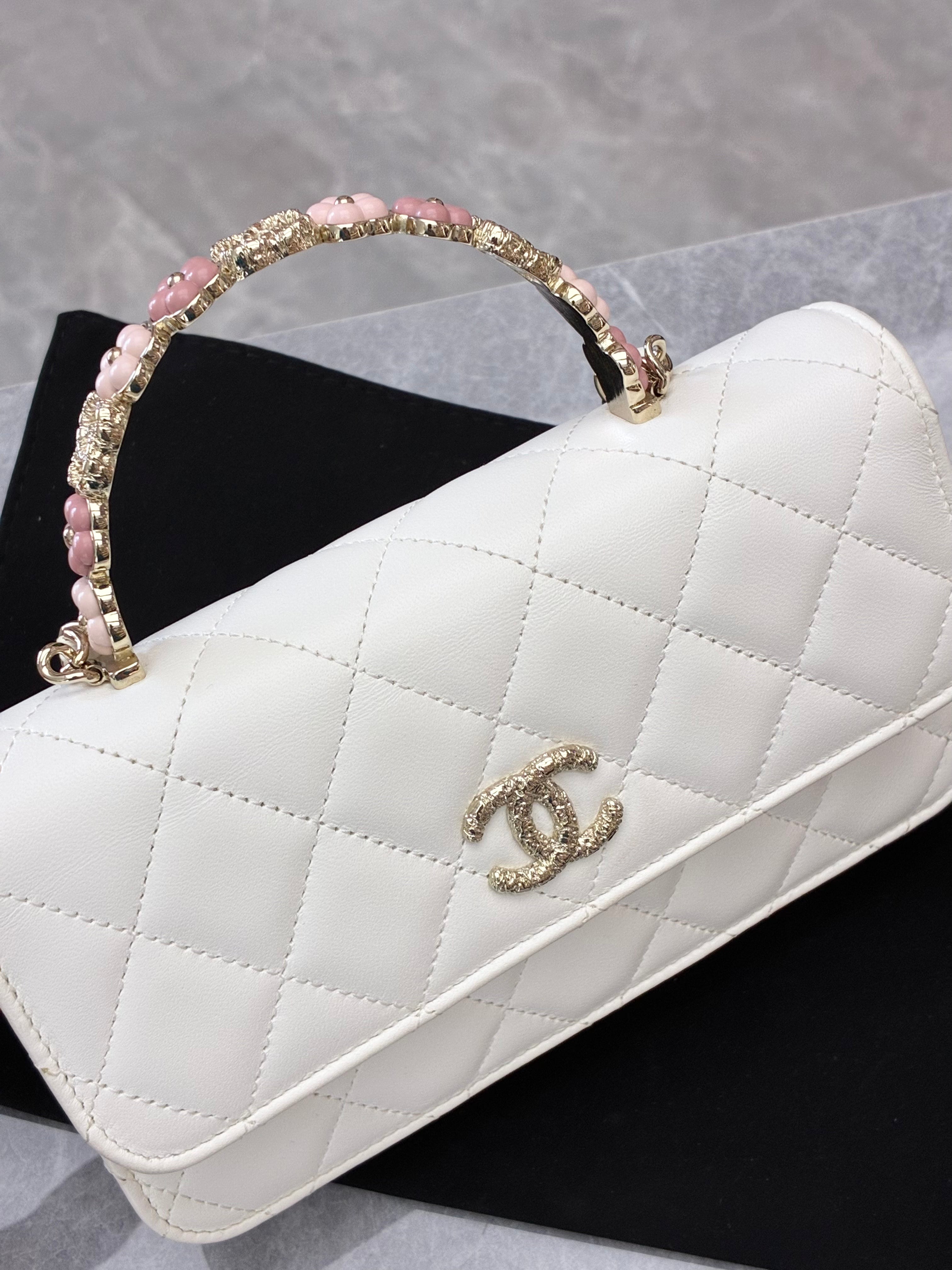 Chanel 23K Floral Handle Bag White GHW