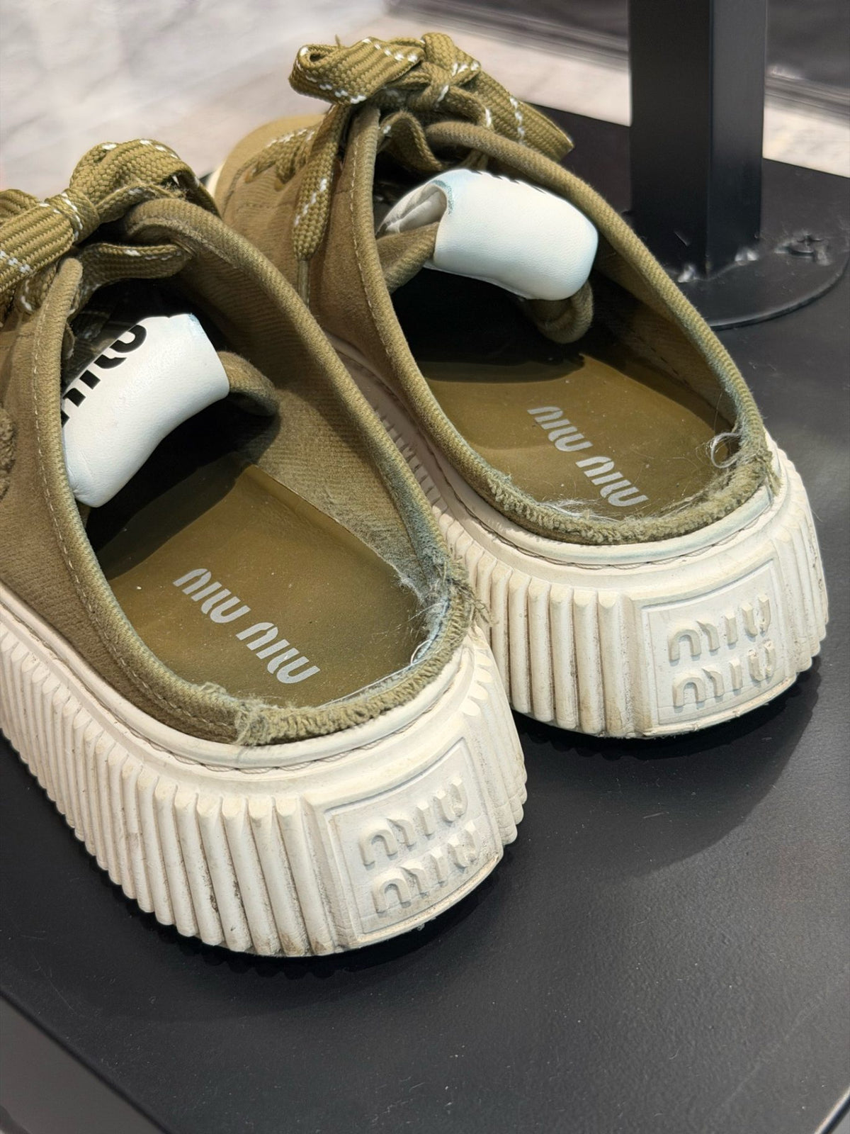 MIU MIU Canvas Platform Mules – Olive Canvas with Ivory Rubber Sole, EU 37, Good Pre-Owned