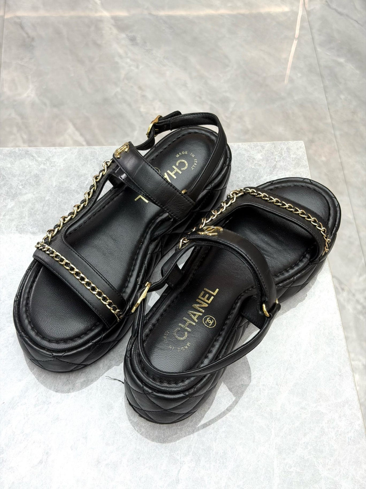 CHANEL 25P Chain Platform Sandals – Black Lambskin with Gold-Tone Chain and CC, EU 37, Good Pre-Owned
