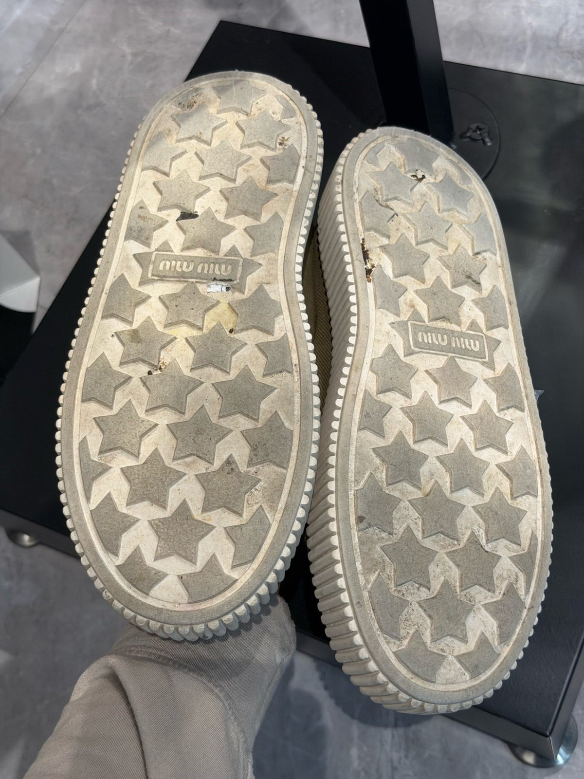 MIU MIU Canvas Platform Mules – Olive Canvas with Ivory Rubber Sole, EU 37, Good Pre-Owned