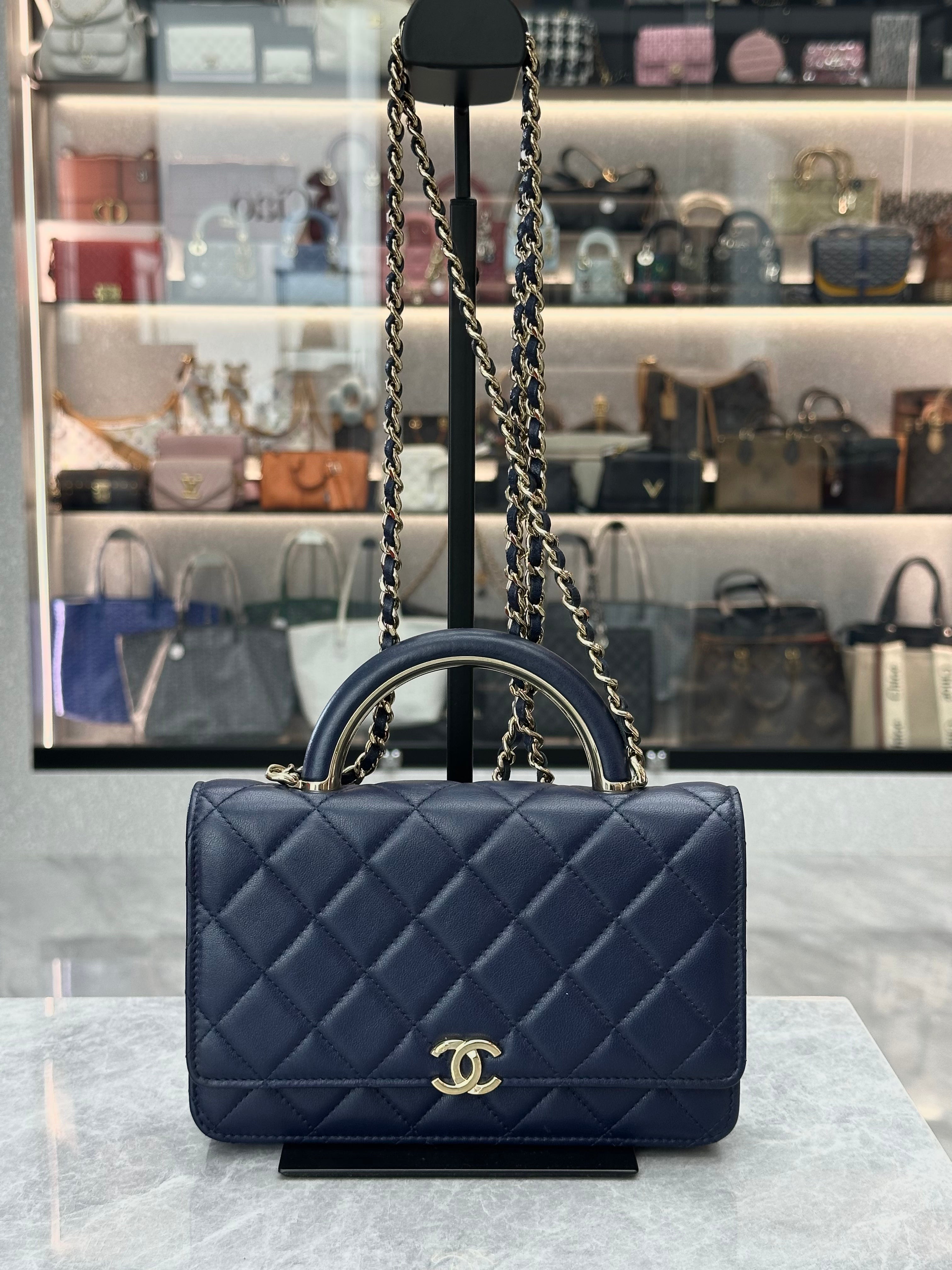 Chanel 22A Handle WOC (Wallet on Chain) in dark blue lambskin with GHW