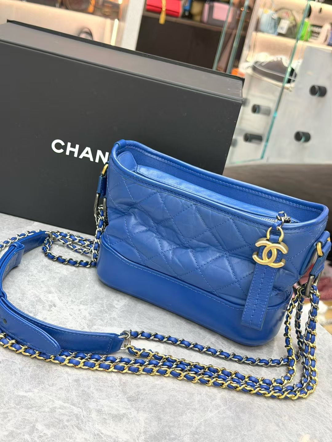 Chanel Gabrielle Small blue Hobo bag made of quilted aged calfskin with mixed hardware