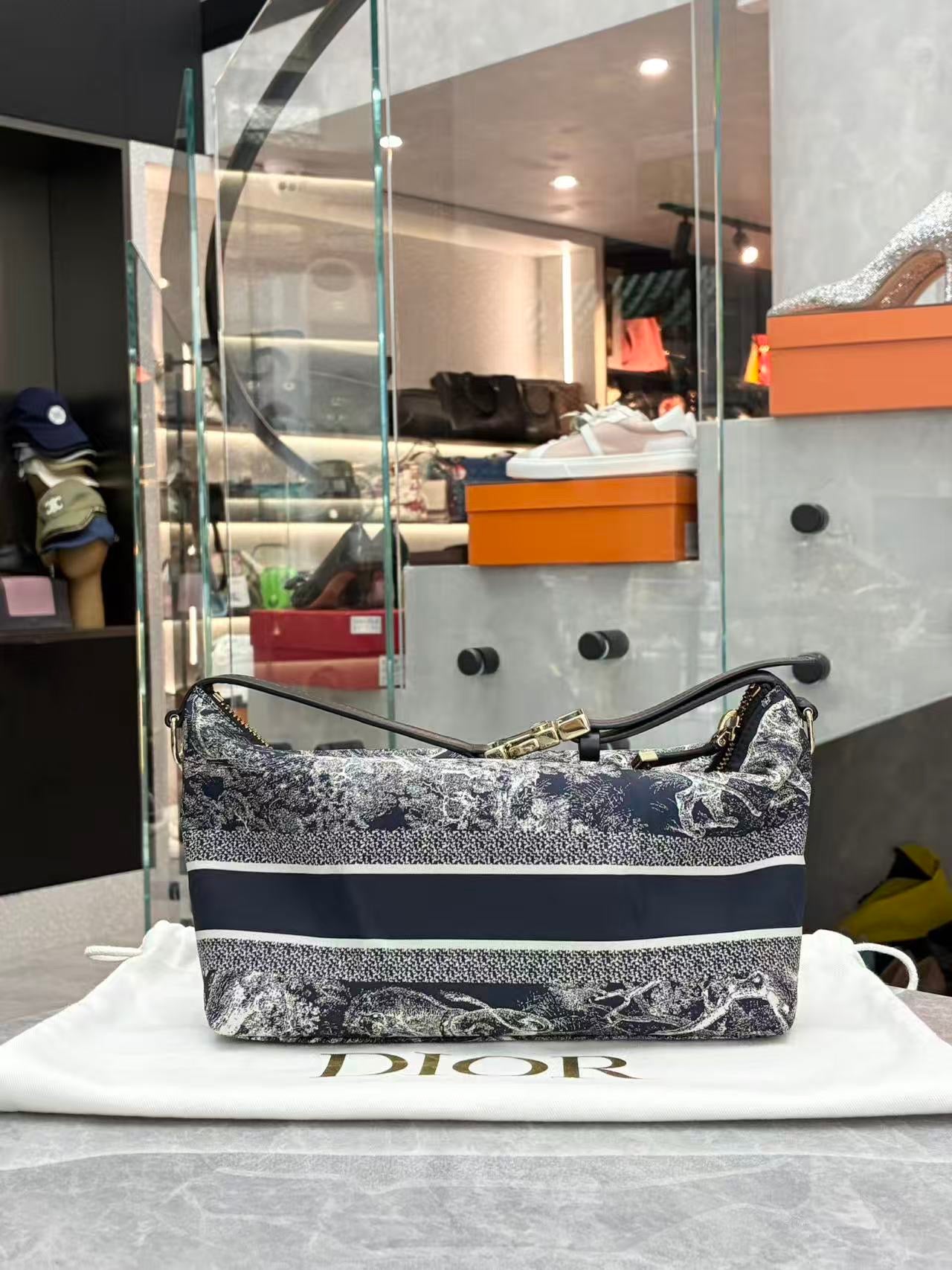 Dior Medium Diortravel Nomad Pouch in blue and white Toile de Jouy Reverse technical fabric with gold-tone hardware
