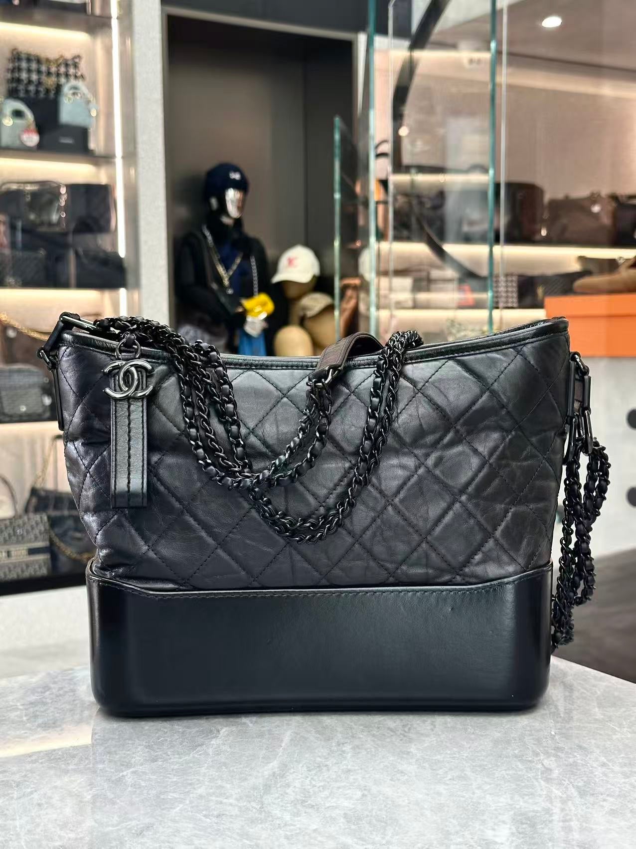 Chanel Gabrielle hobo bag in quilted aged calfskin with black hardware