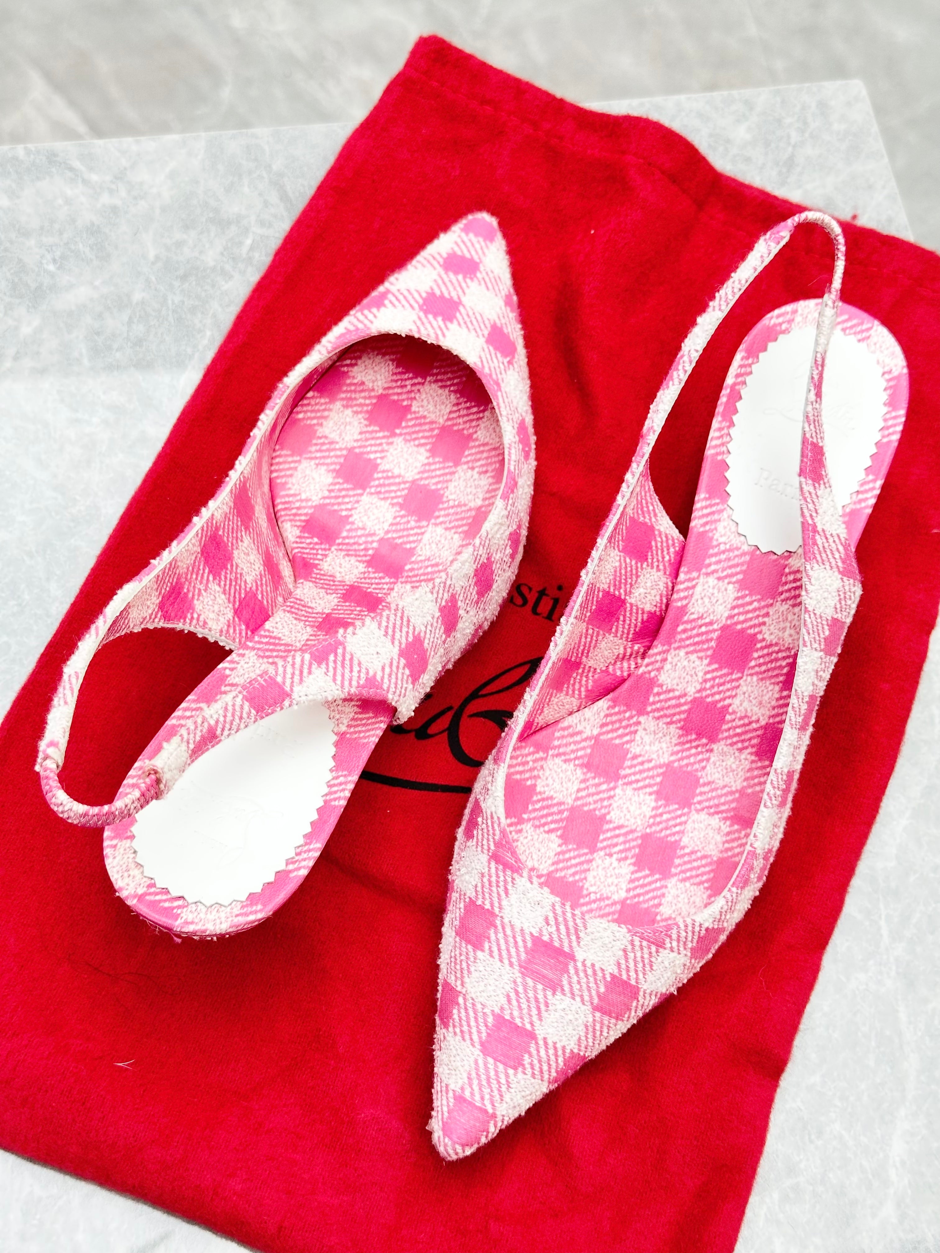 CHRISTIAN LOUBOUTIN Pink/White Gingham Fabric Sling Back Kate 55 Pumps Size 6/36.5
