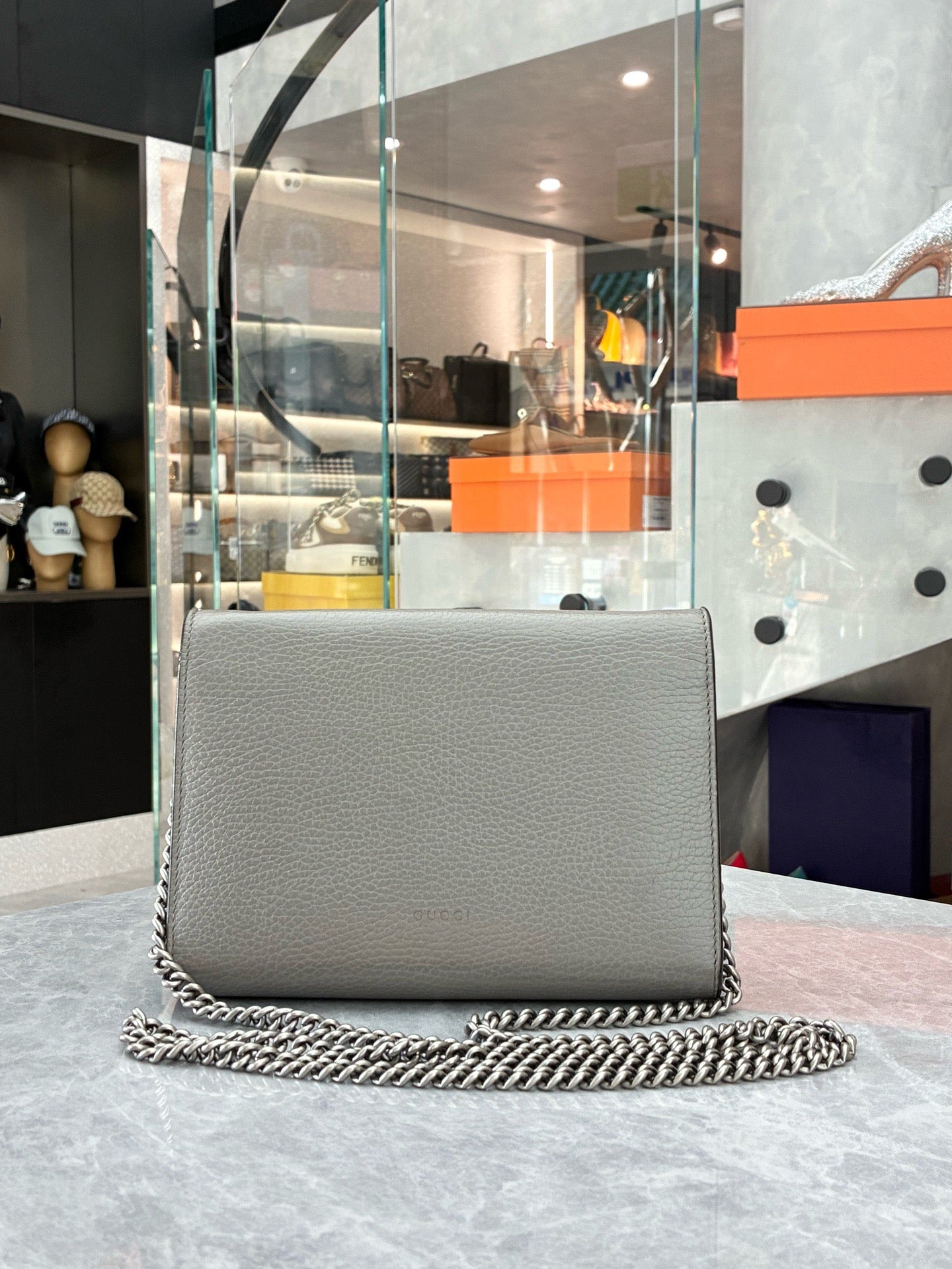 Gucci grey Dionysus leather chain wallet with silver-toned hardware