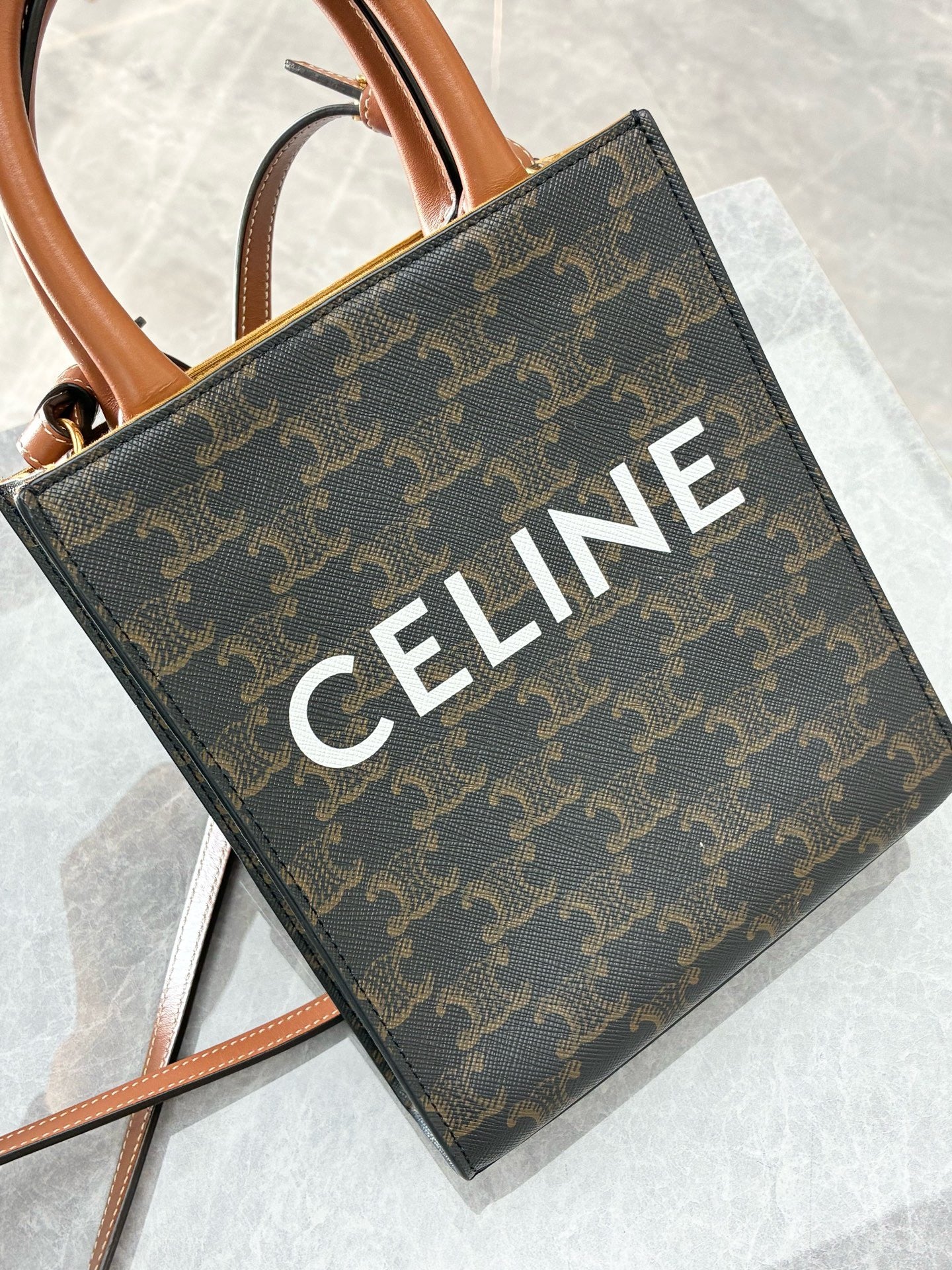 Celine Mini Vertical Cabas Tote in Triomphe Canvas and Tan Calfskin leather