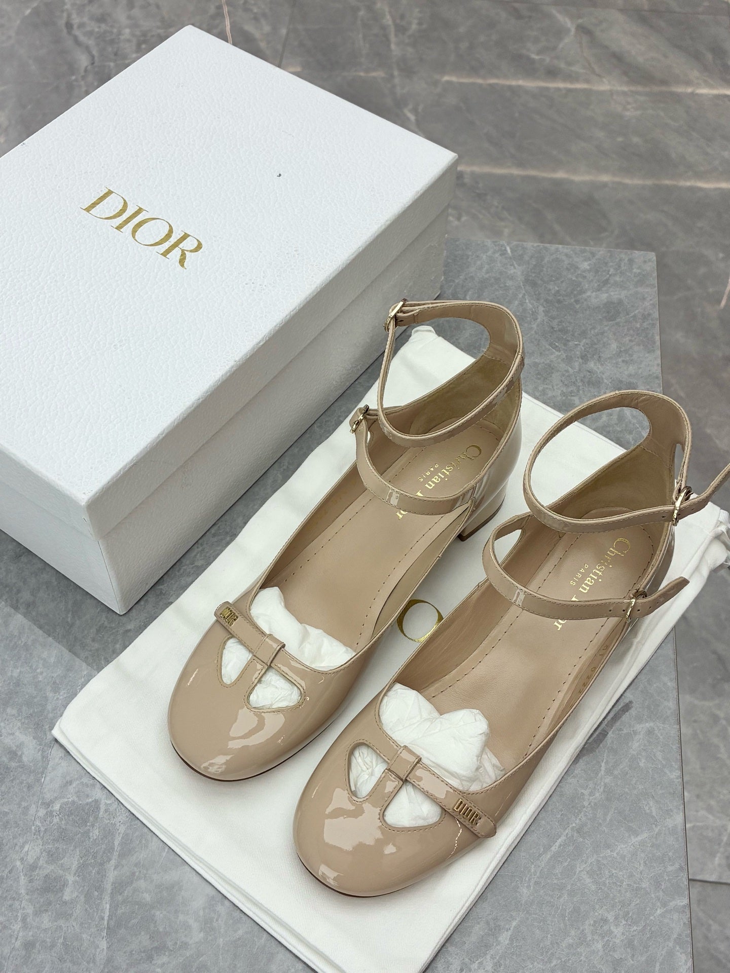 DIOR Aimé Patent Mary Jane Shoes – Nude, Size 37.5