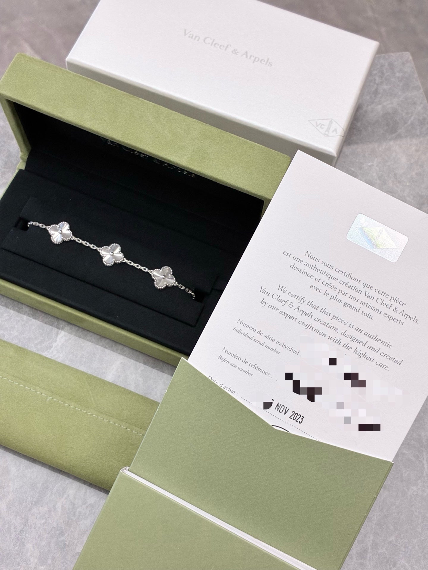 Van Cleef & Arpels Vintage Alhambra 5-Motif Bracelet – 18K White Gold, Mother-of-Pearl