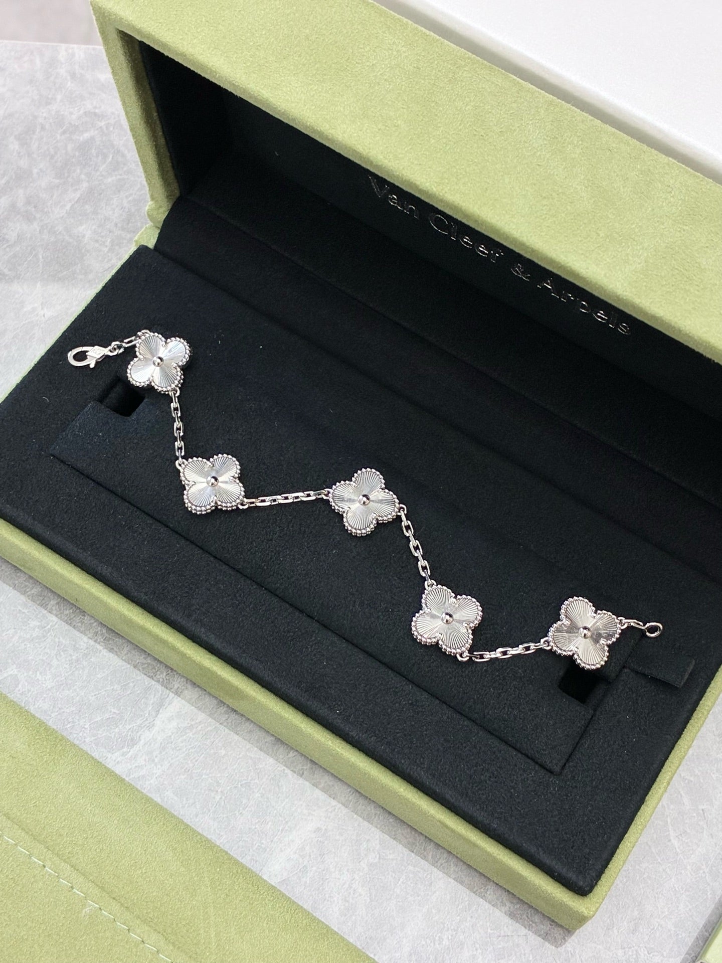 Van Cleef & Arpels Vintage Alhambra 5-Motif Bracelet – 18K White Gold, Mother-of-Pearl