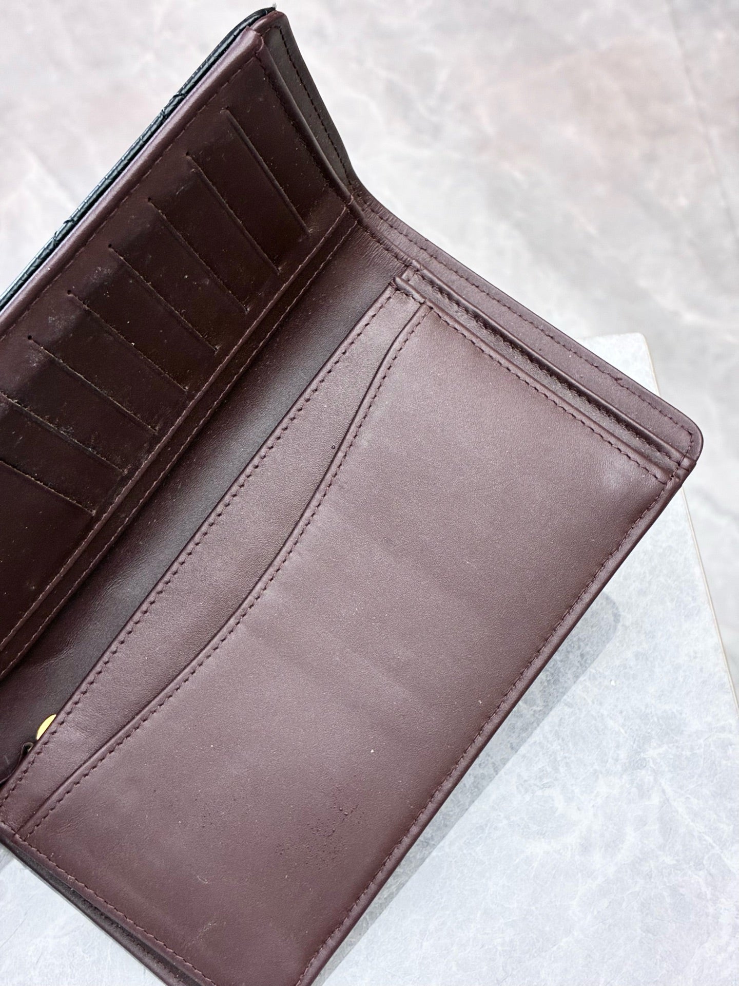 CHANEL Classic Flap Long Wallet – Black Caviar Leather, Gold Hardware, Burgundy Interior