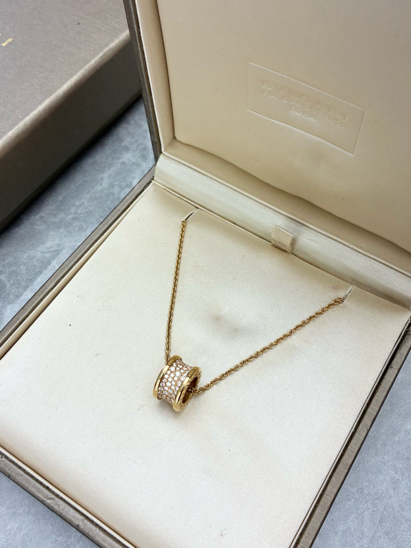 BVLGARI B.Zero1 Necklace – 18K Rose Gold, Full Pave Diamond Pendant
