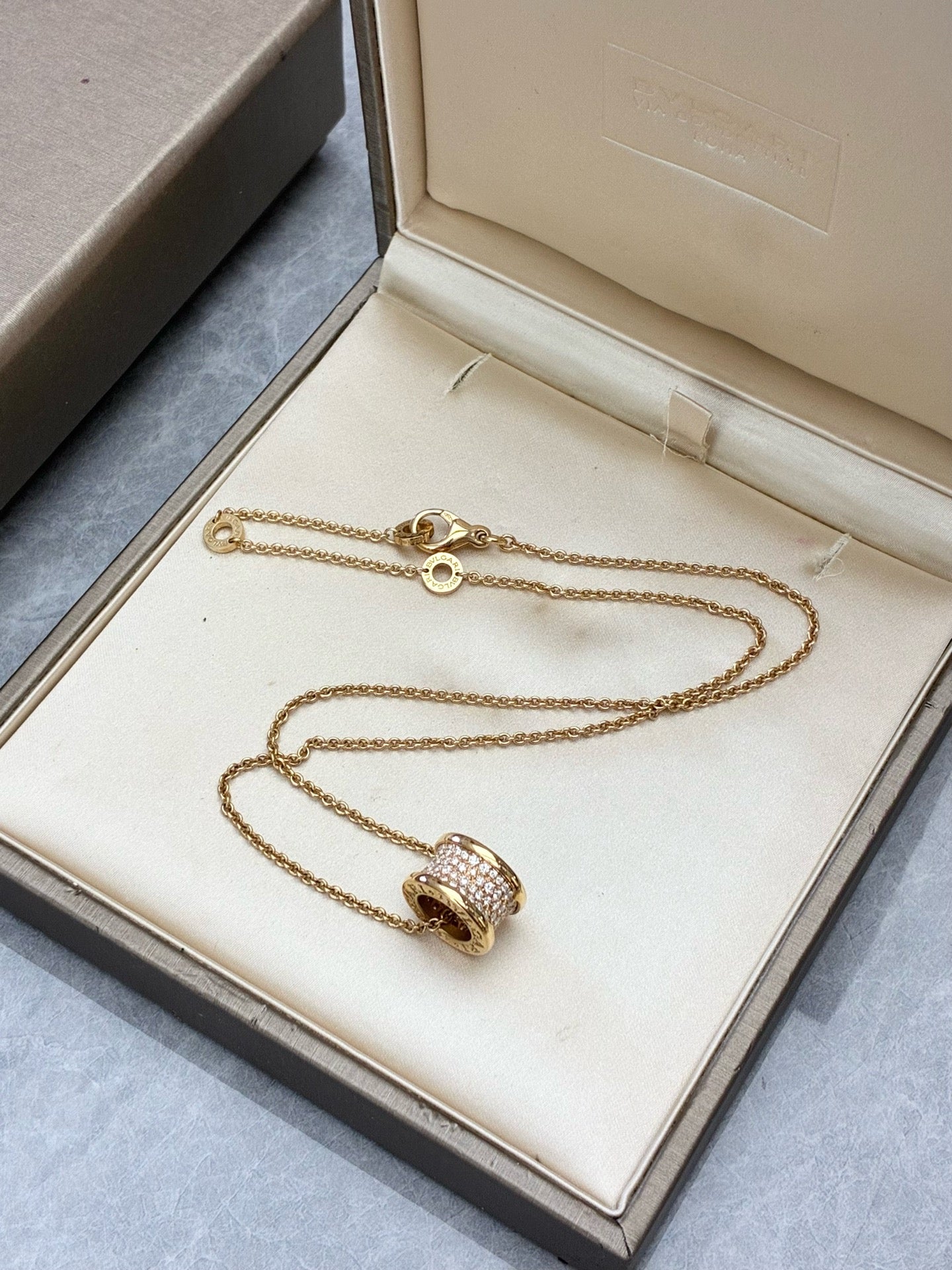 BVLGARI B.Zero1 Necklace – 18K Rose Gold, Full Pave Diamond Pendant