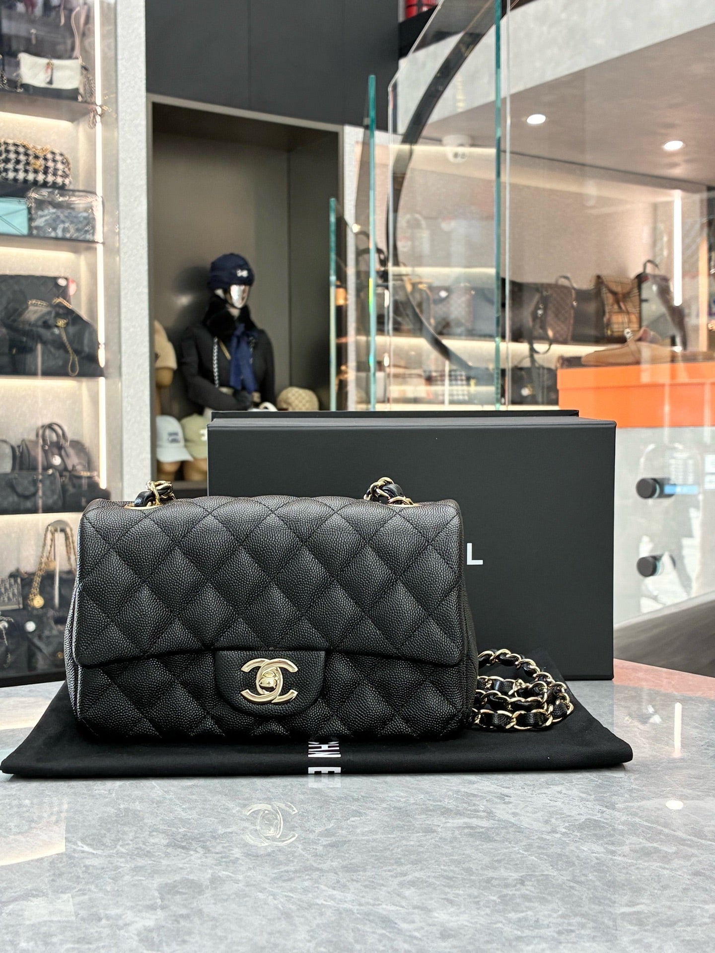 CHANEL Rectangular Mini Flap Bag – Black Caviar Leather, Champagne Gold Hardware, Pre-Owned