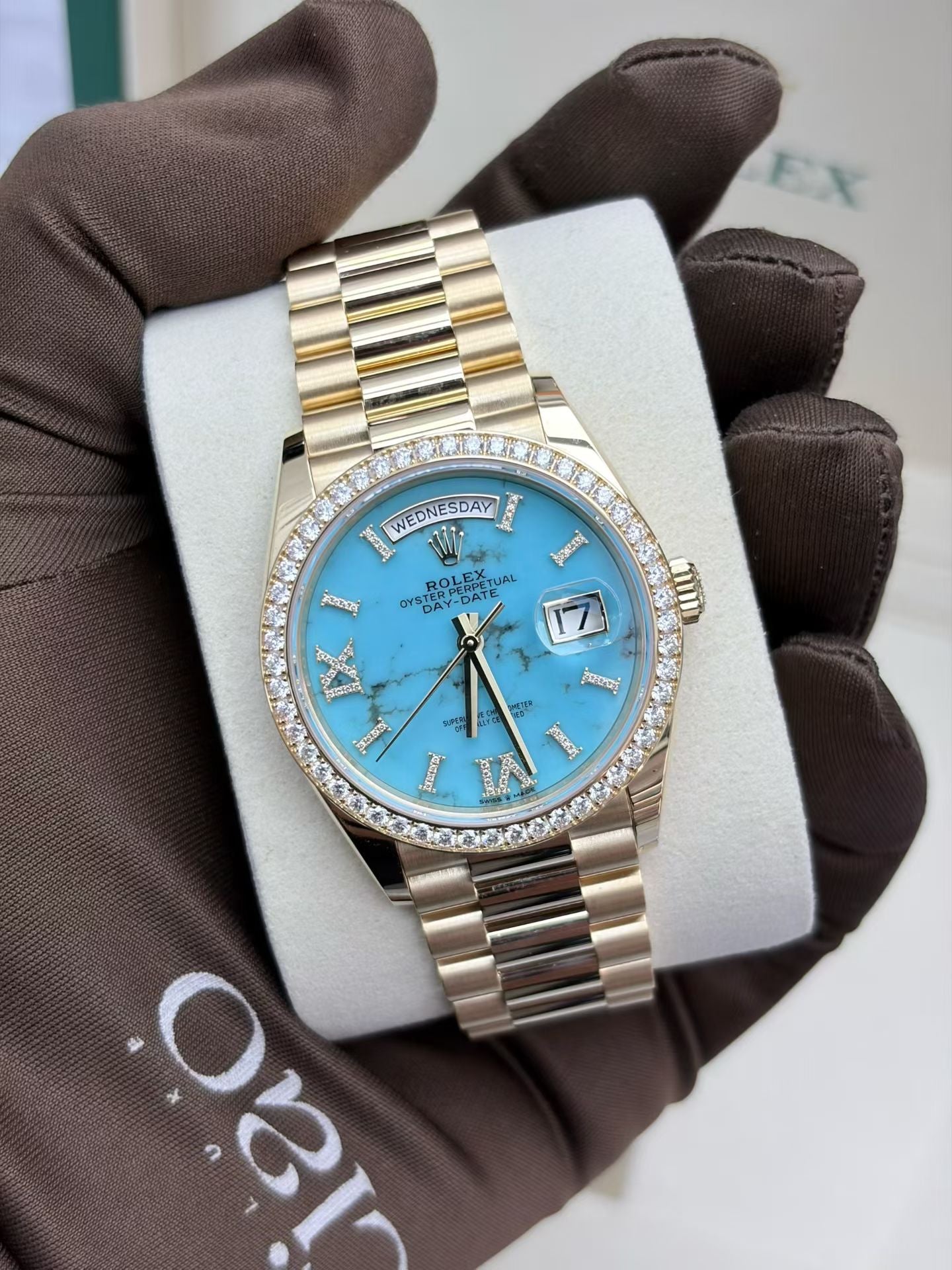 Rolex Day-Date 36 128348RBR turquoise dial angled view
