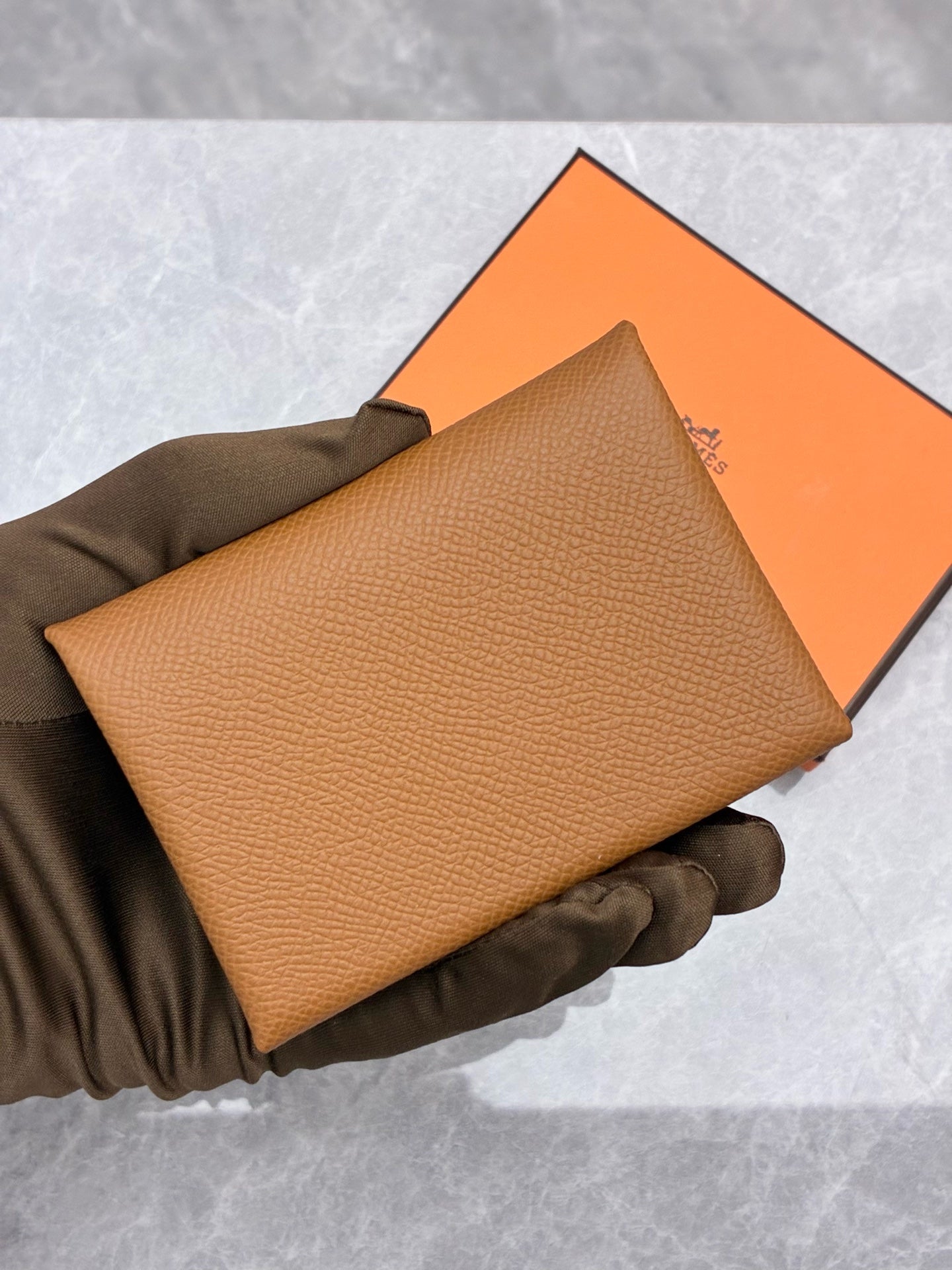 Hermès Calvi Duo Card Holder & Coin Purse – Gold Leather, Palladium Hardware, Brand New