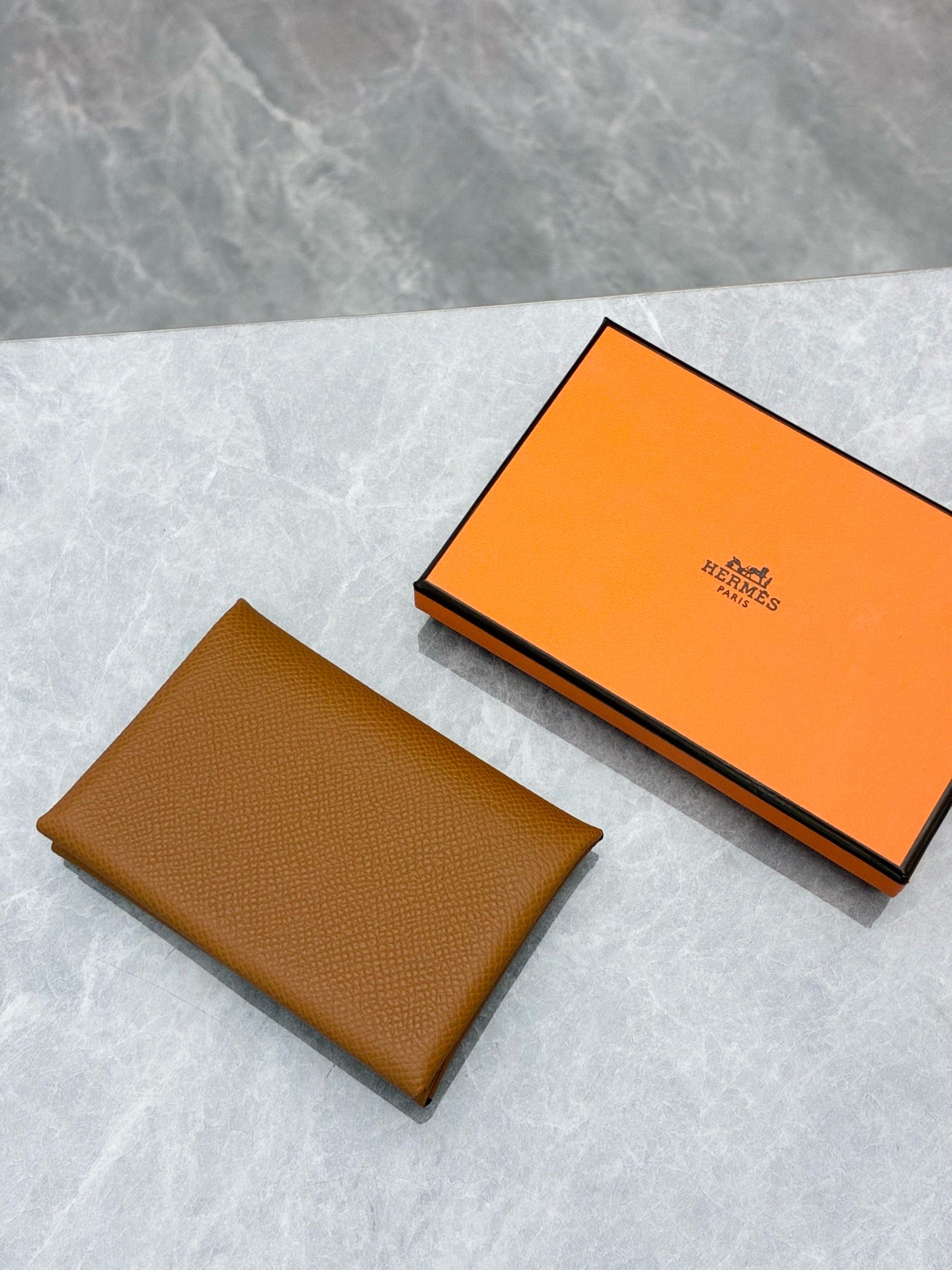 Hermès Calvi Duo Card Holder & Coin Purse – Gold Leather, Palladium Hardware, Brand New
