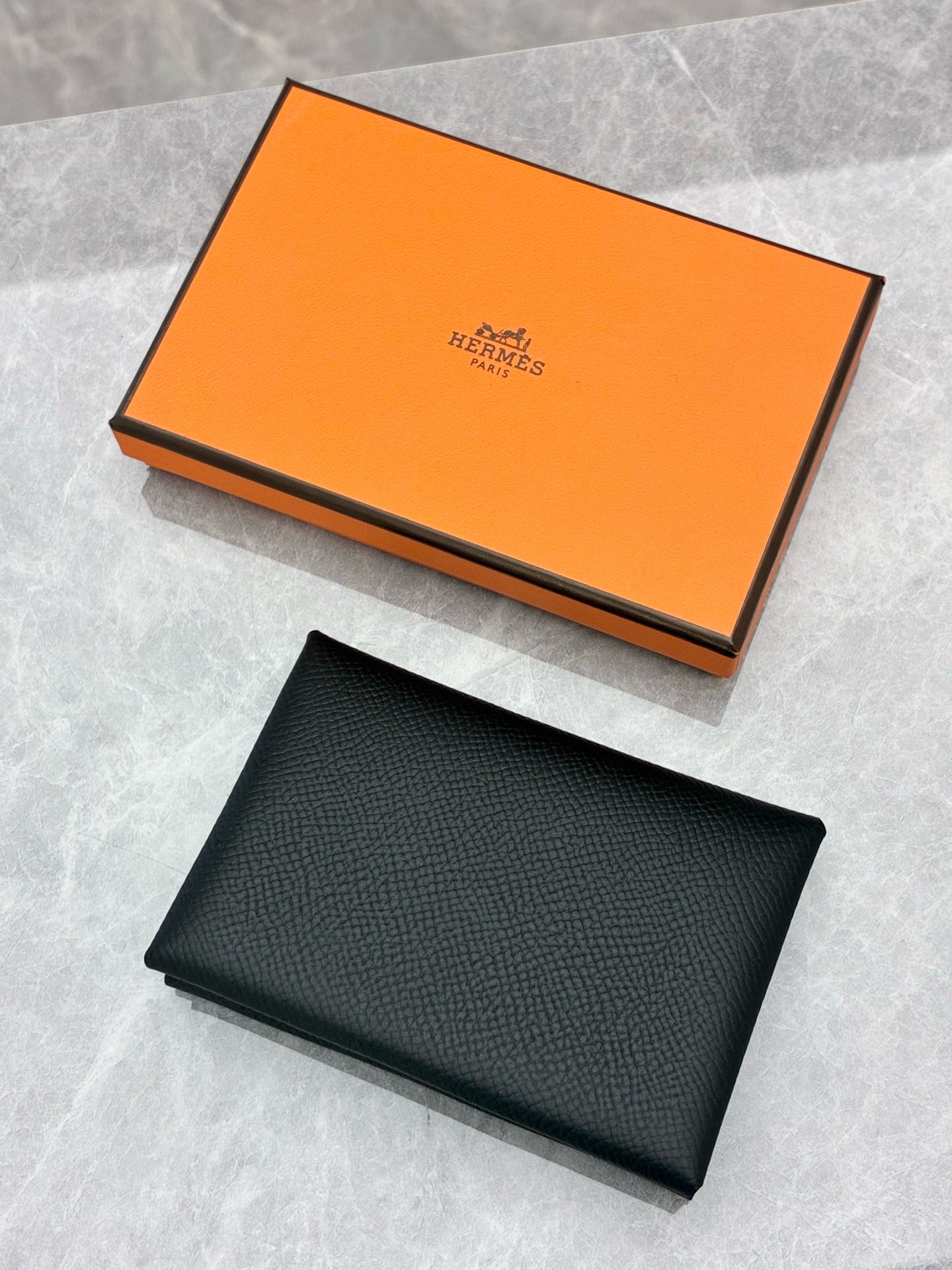 Hermès Calvi Duo Card Holder & Coin Purse – Black Leather, Palladium Hardware, Brand New