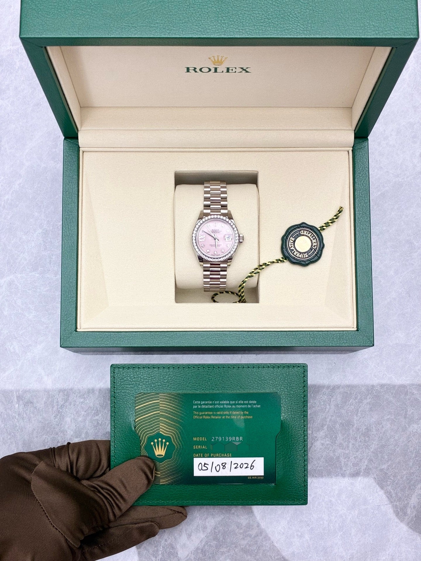 ROLEX Datejust 31 – 18K White Gold, Pink Mother-of-Pearl Dial, Diamond Bezel & Star Markers, Brand New