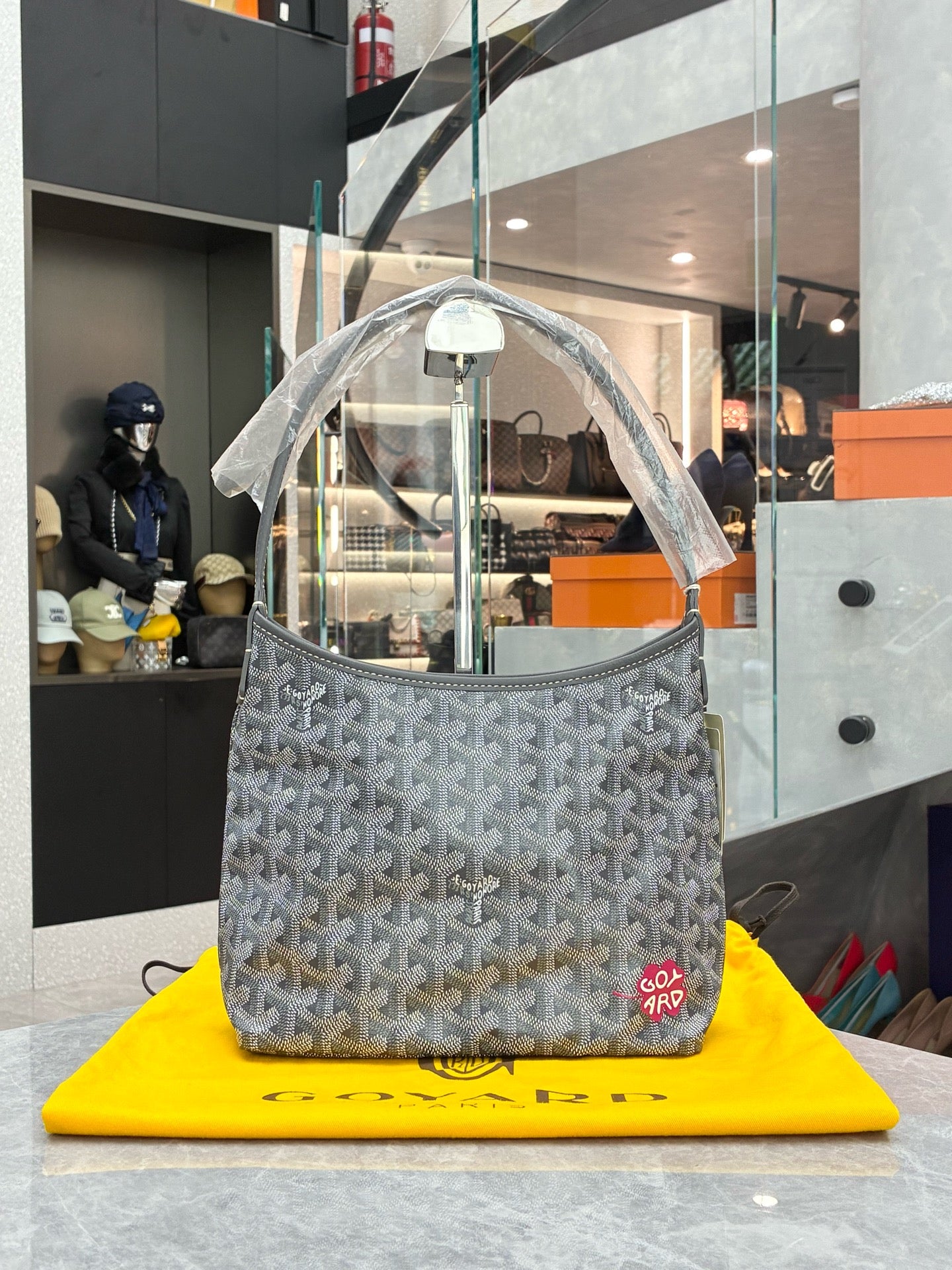 GOYARD Mini Hobo – Grey Goyardine Canvas, Red Hand-Painted Clover, Brand New