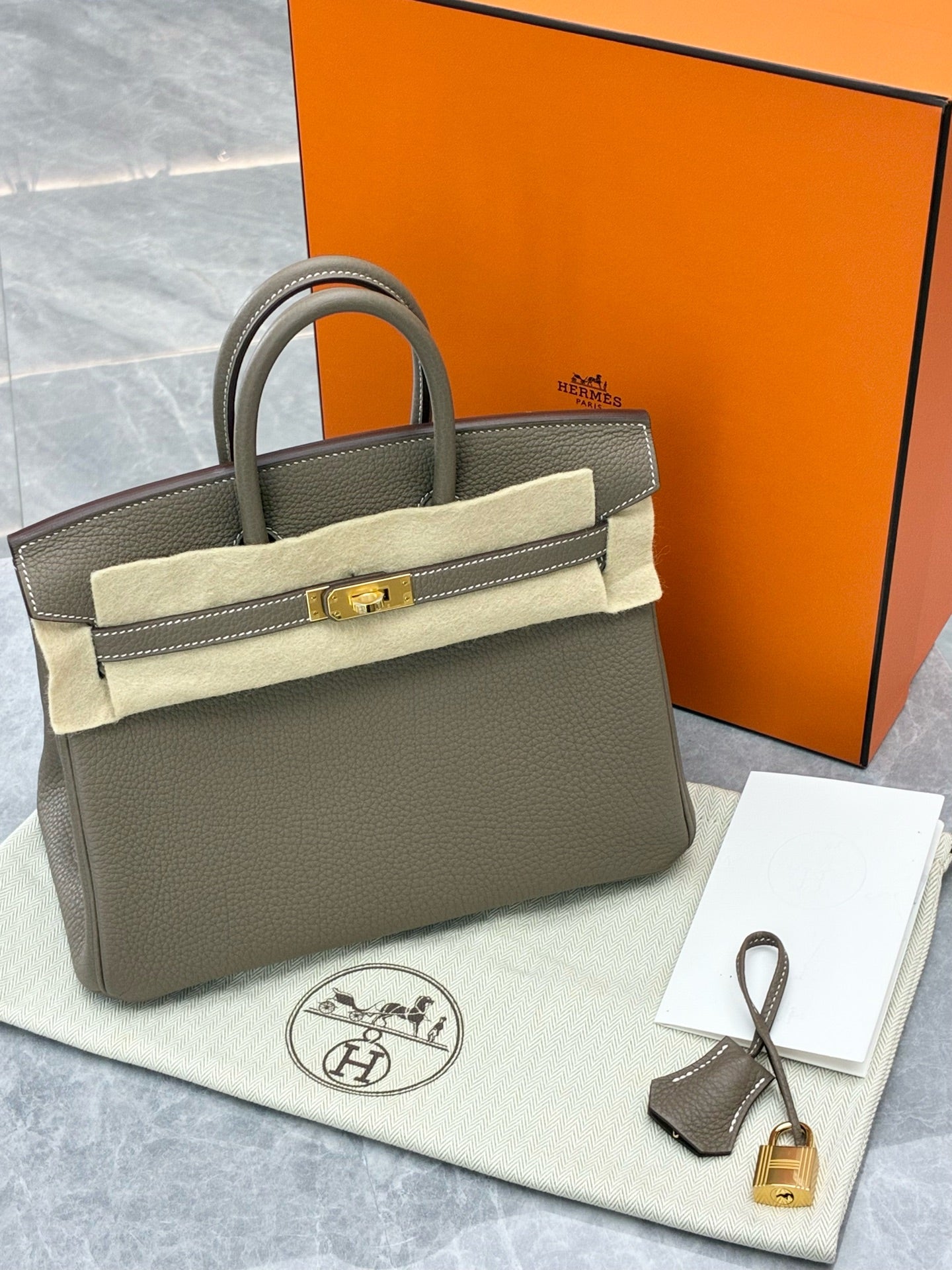 Hermès Birkin 25 – Elephant Grey Togo Leather, Gold Hardware, G Stamp, Brand New