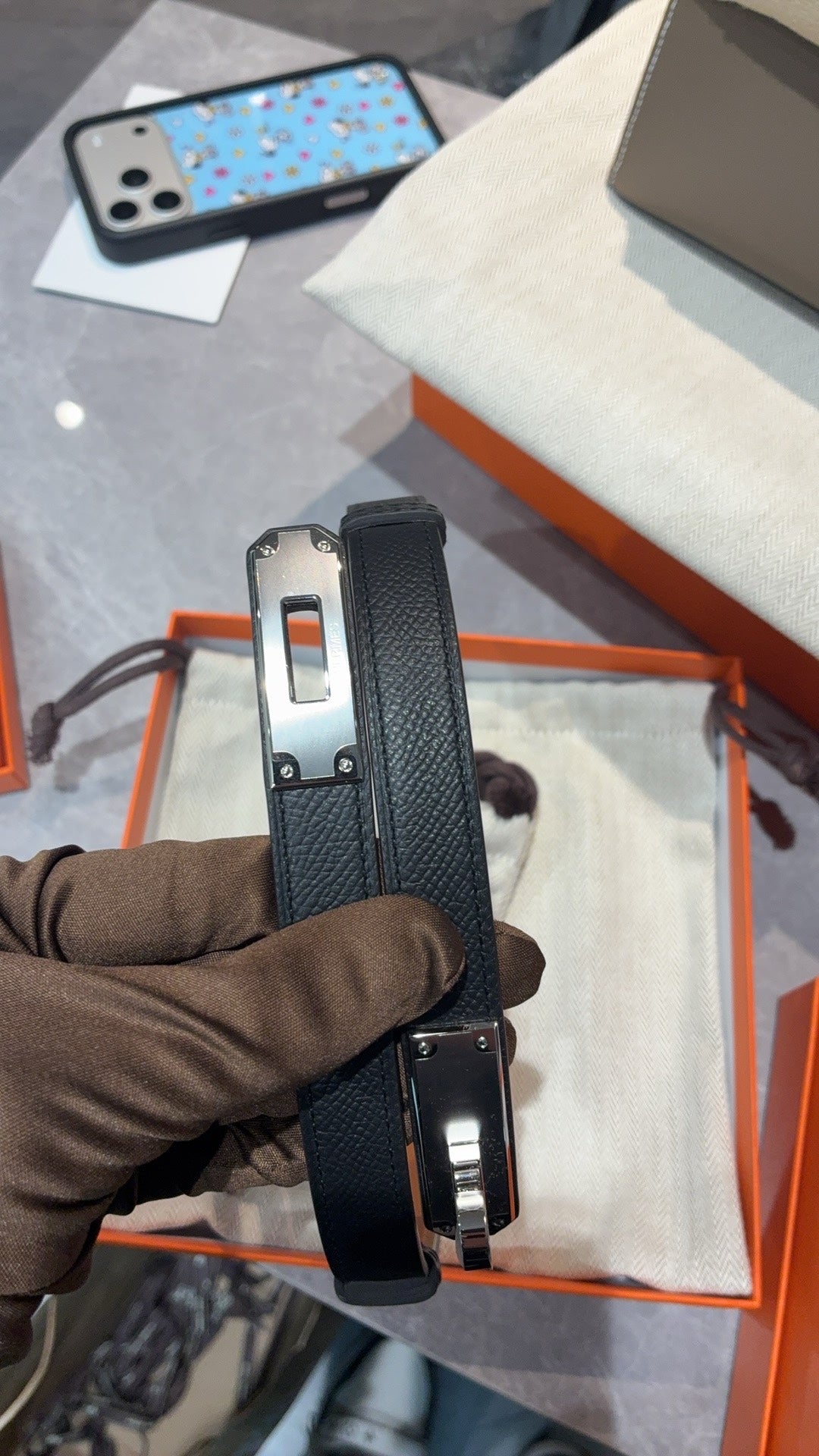 Hermès Kelly Belt – Black Leather & Palladium Hardware, Brand New