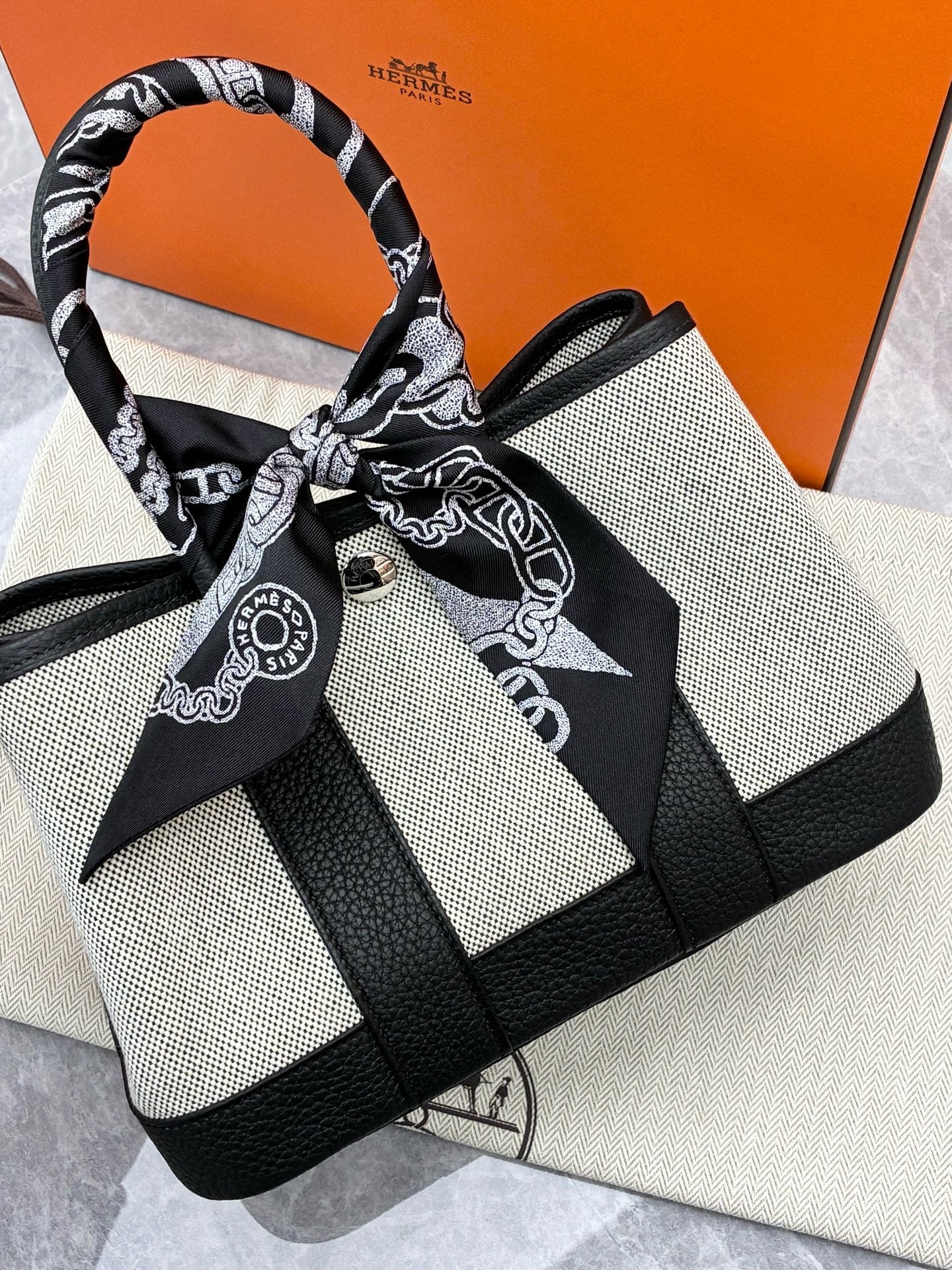 HERMÈS Garden Party Mini – Panda Black & White Canvas & Leather, Palladium Hardware, G Stamp, Brand New