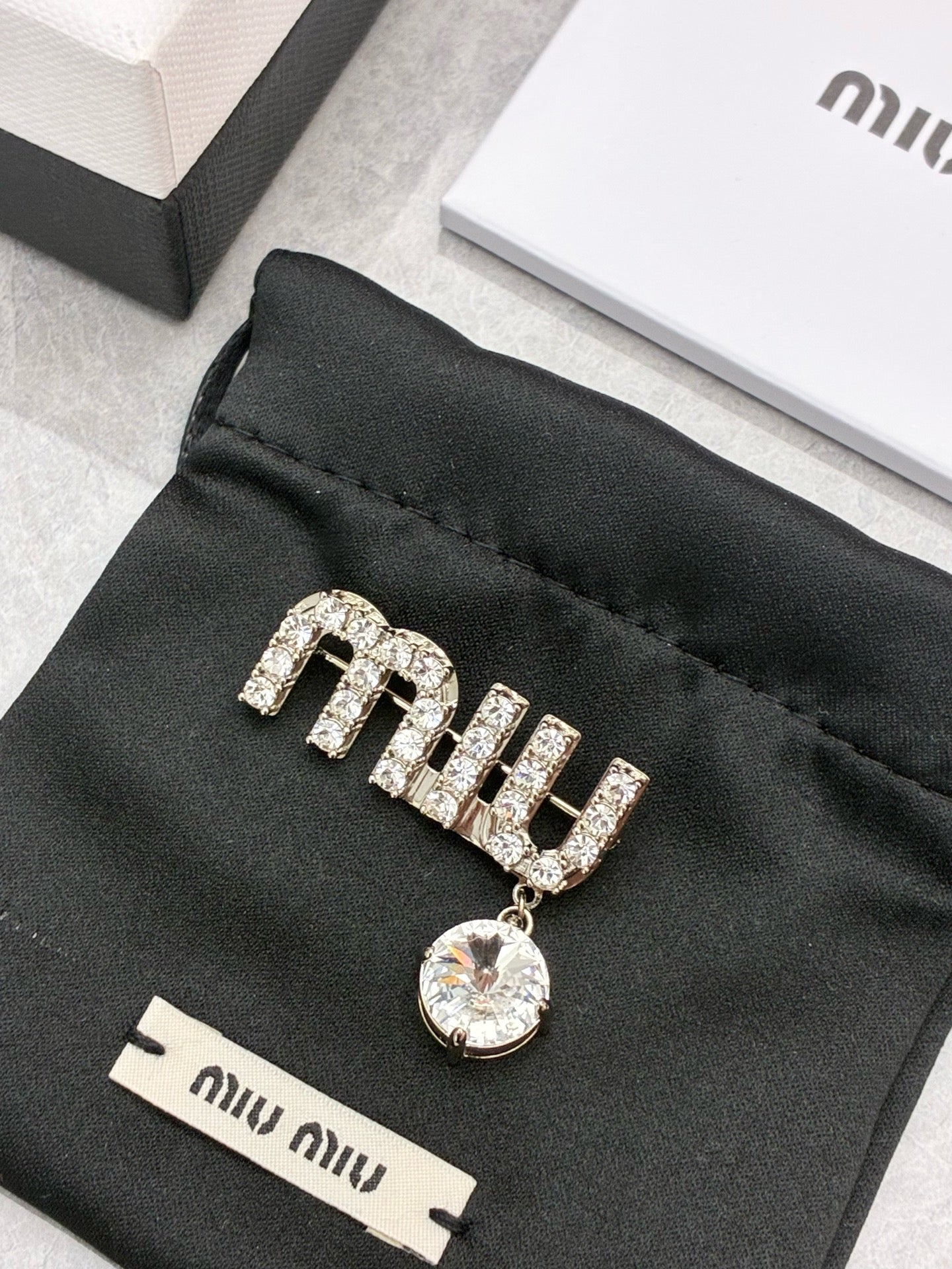 Miu Miu Crystal Letter Brooch – Silver Tone, Pre-Owned