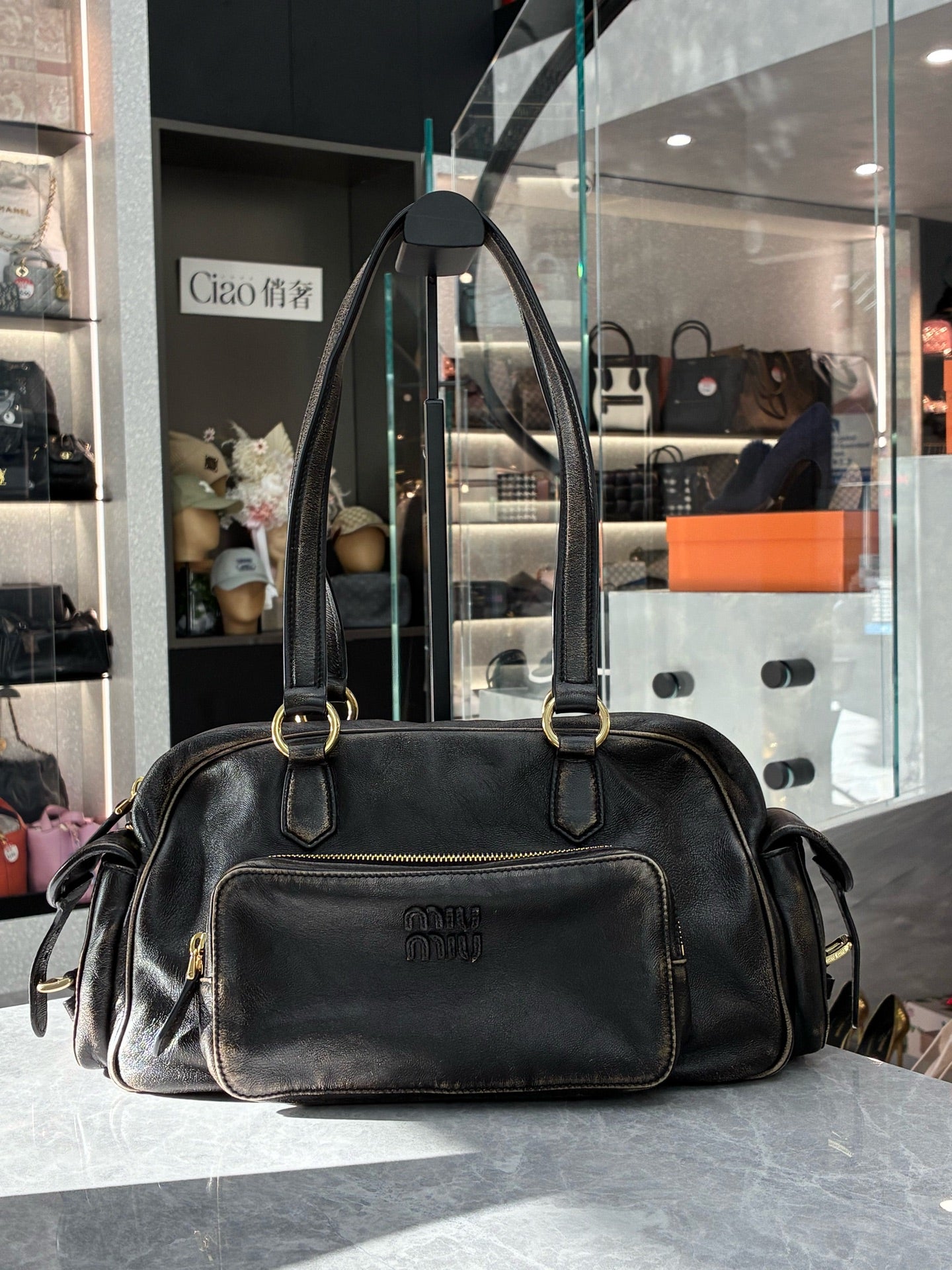 Miu Miu Distressed Leather Moto Bag – Coffee Brown, Pre-Owned