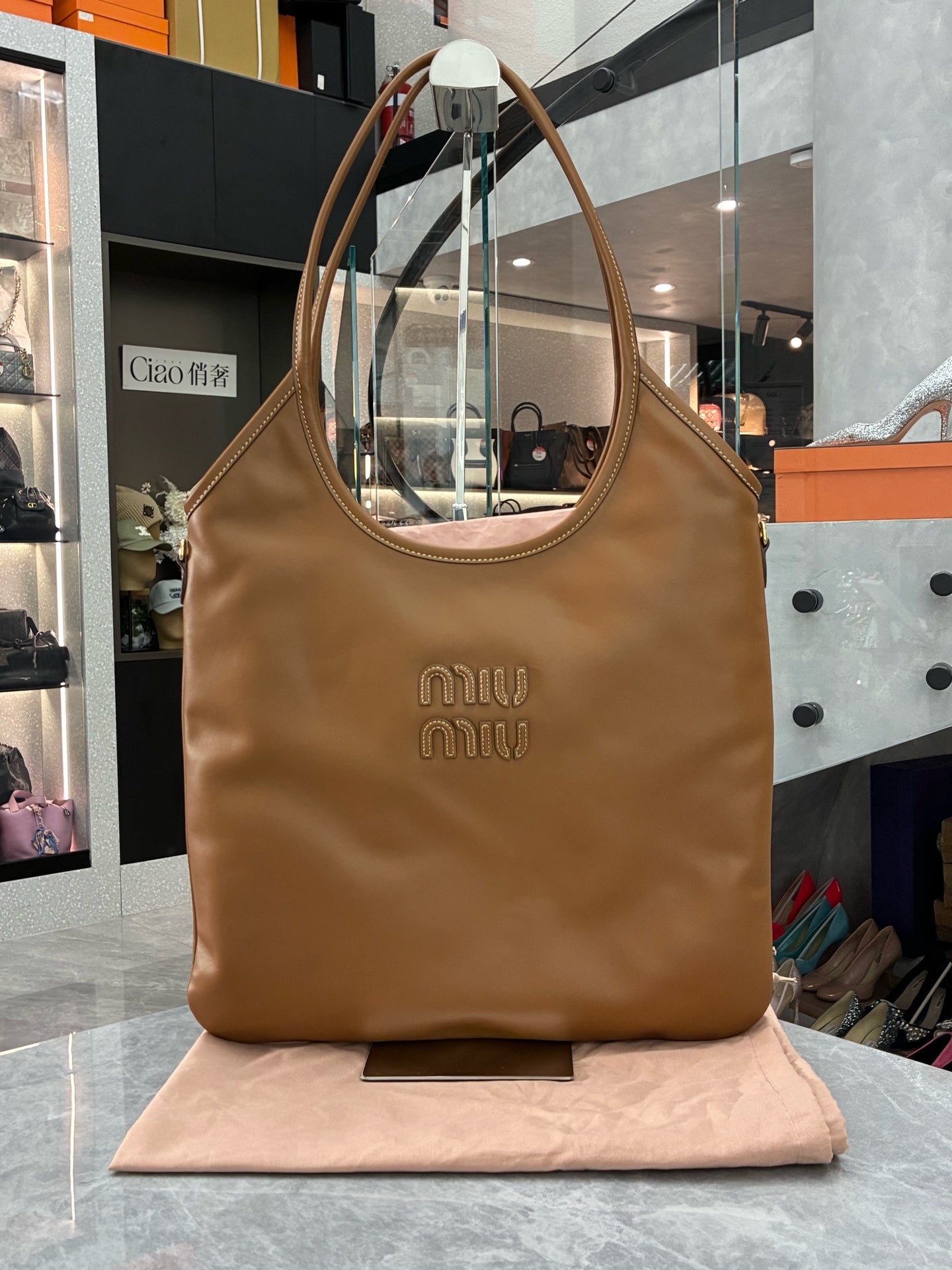 Miu Miu IVY Logo Shoulder Bag – Camel Calfskin, Medium, Brand New