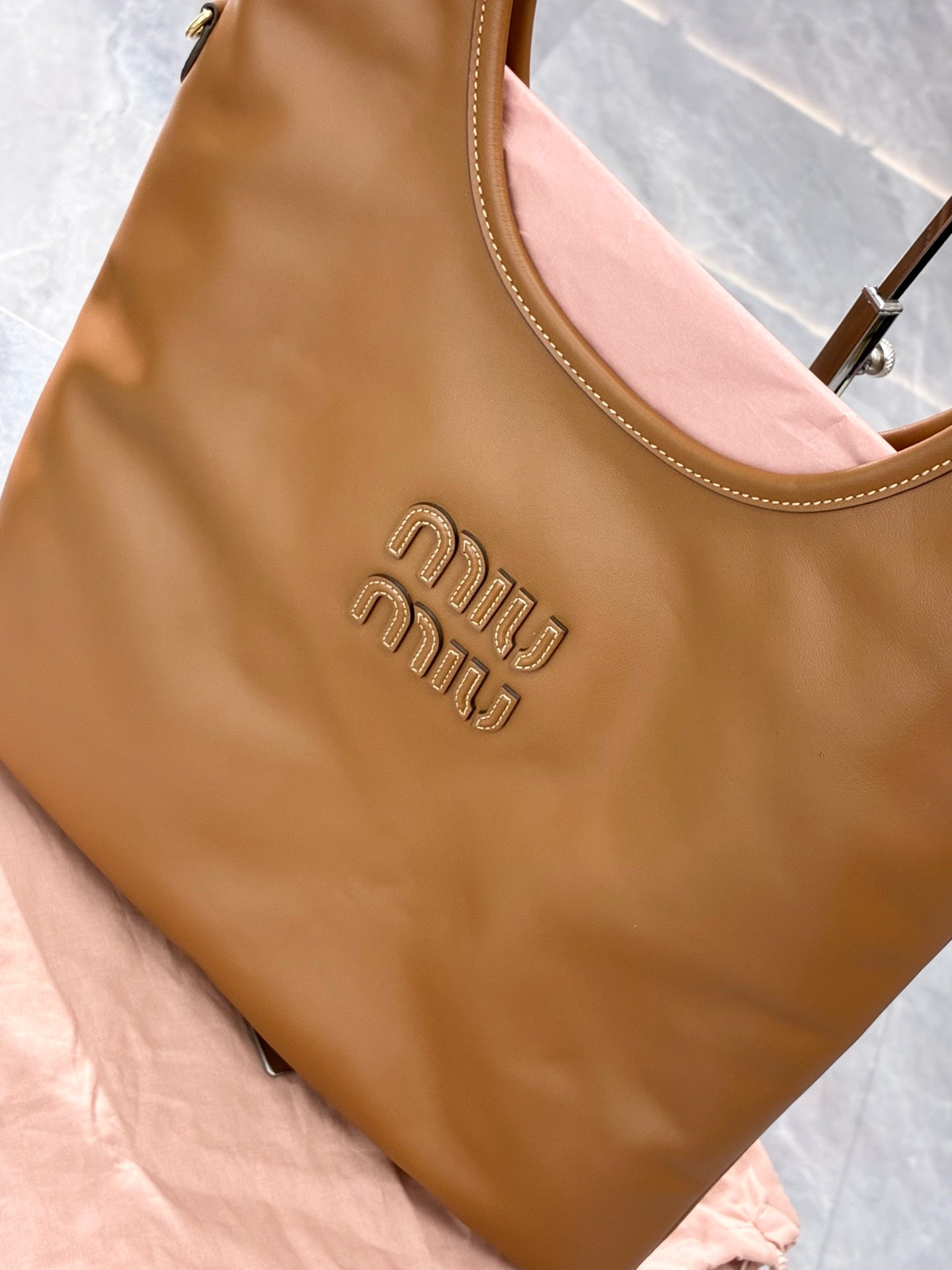 Miu Miu IVY Logo Shoulder Bag – Camel Calfskin, Medium, Brand New