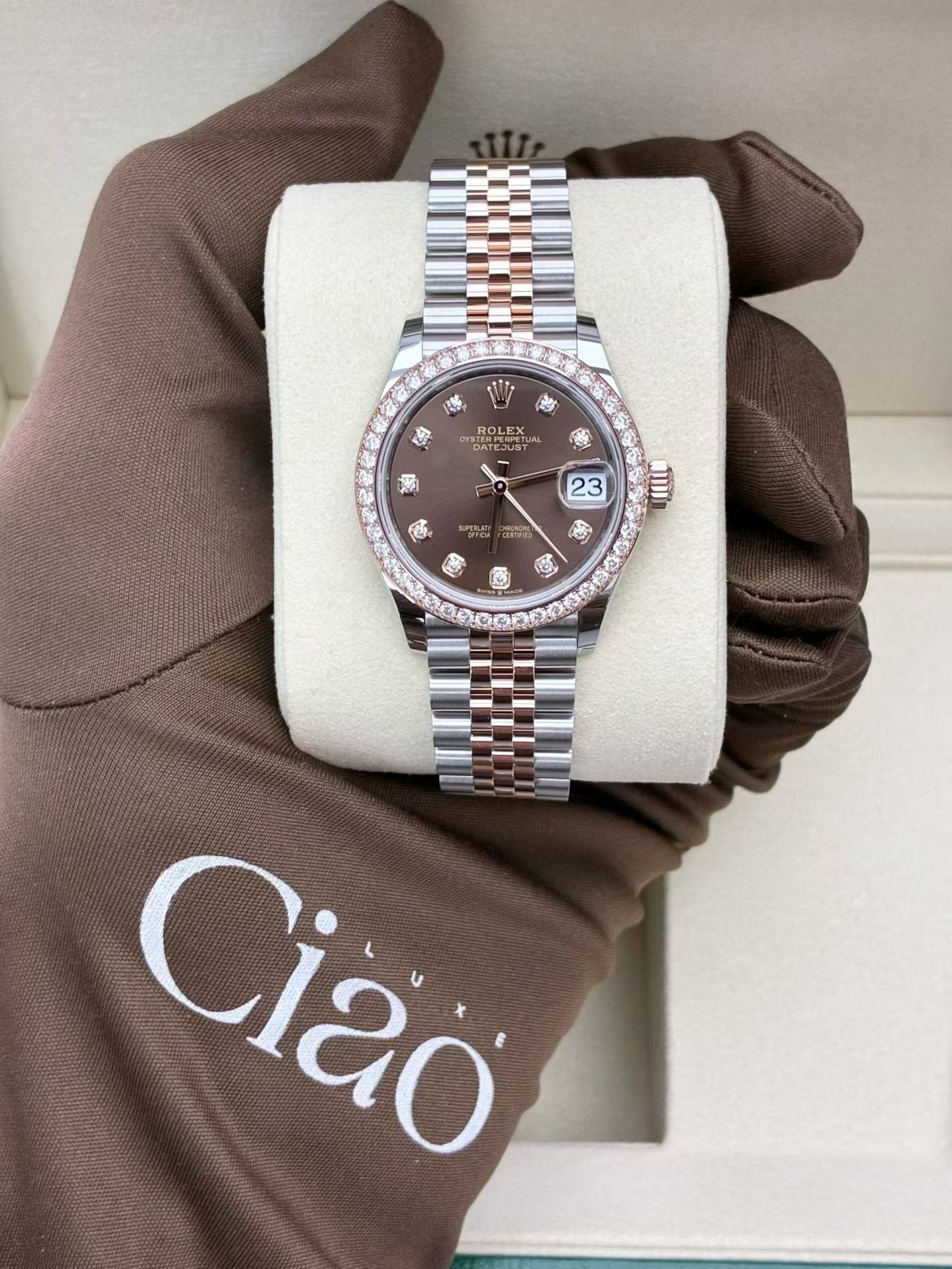 ROLEX DateJust 31 – Oystersteel & Everose Gold, Diamond Bezel, Chocolate Diamond Dial, Brand New