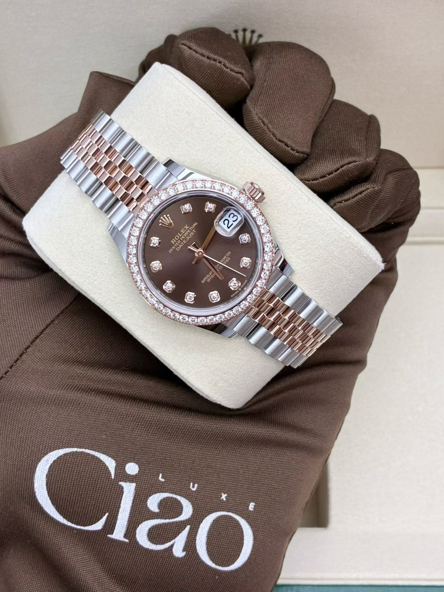 ROLEX DateJust 31 – Oystersteel & Everose Gold, Diamond Bezel, Chocolate Diamond Dial, Brand New