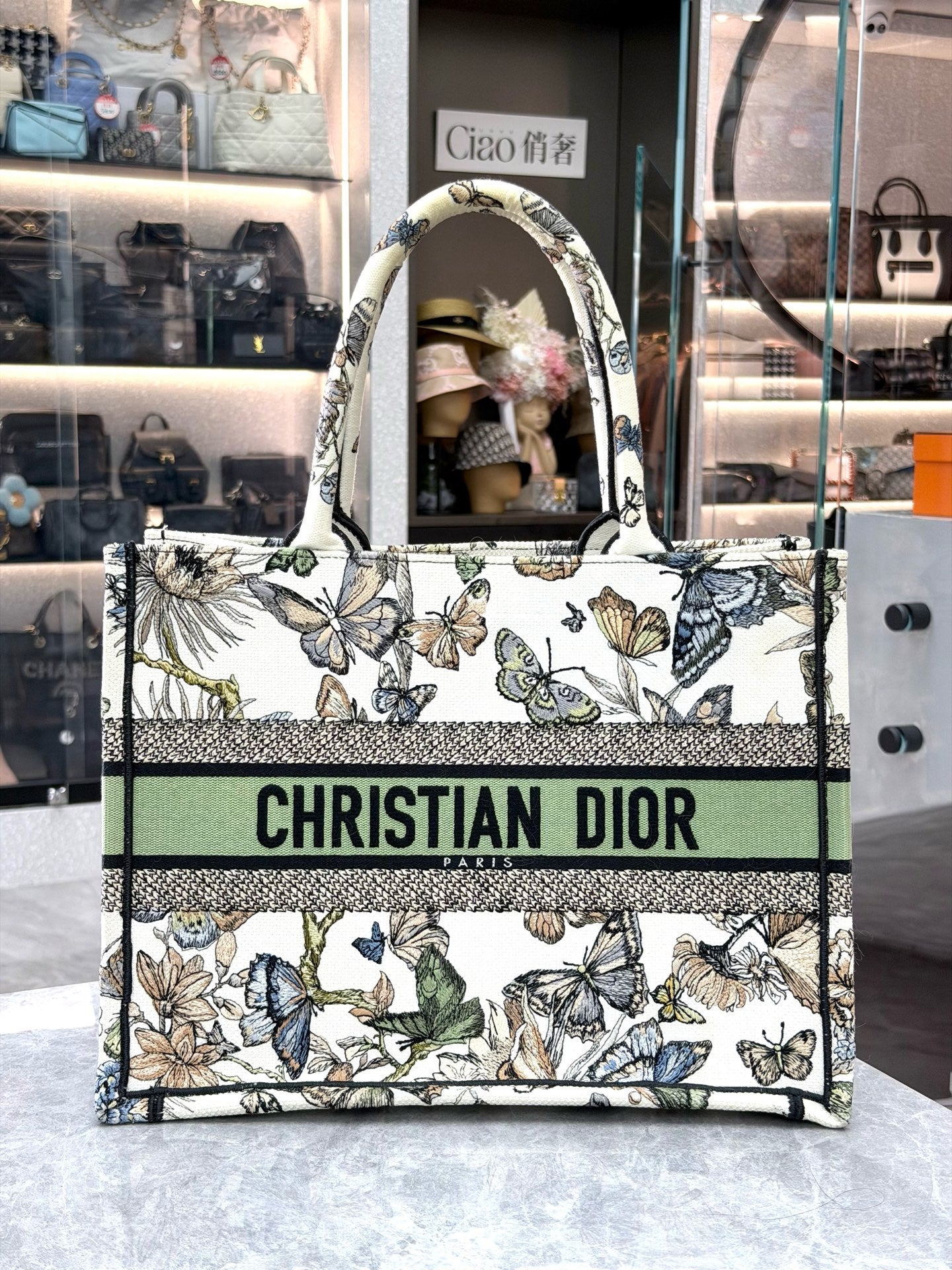 DIOR Book Tote Medium – Embroidered Canvas, Butterfly Motif, Very Good Pre-Owned