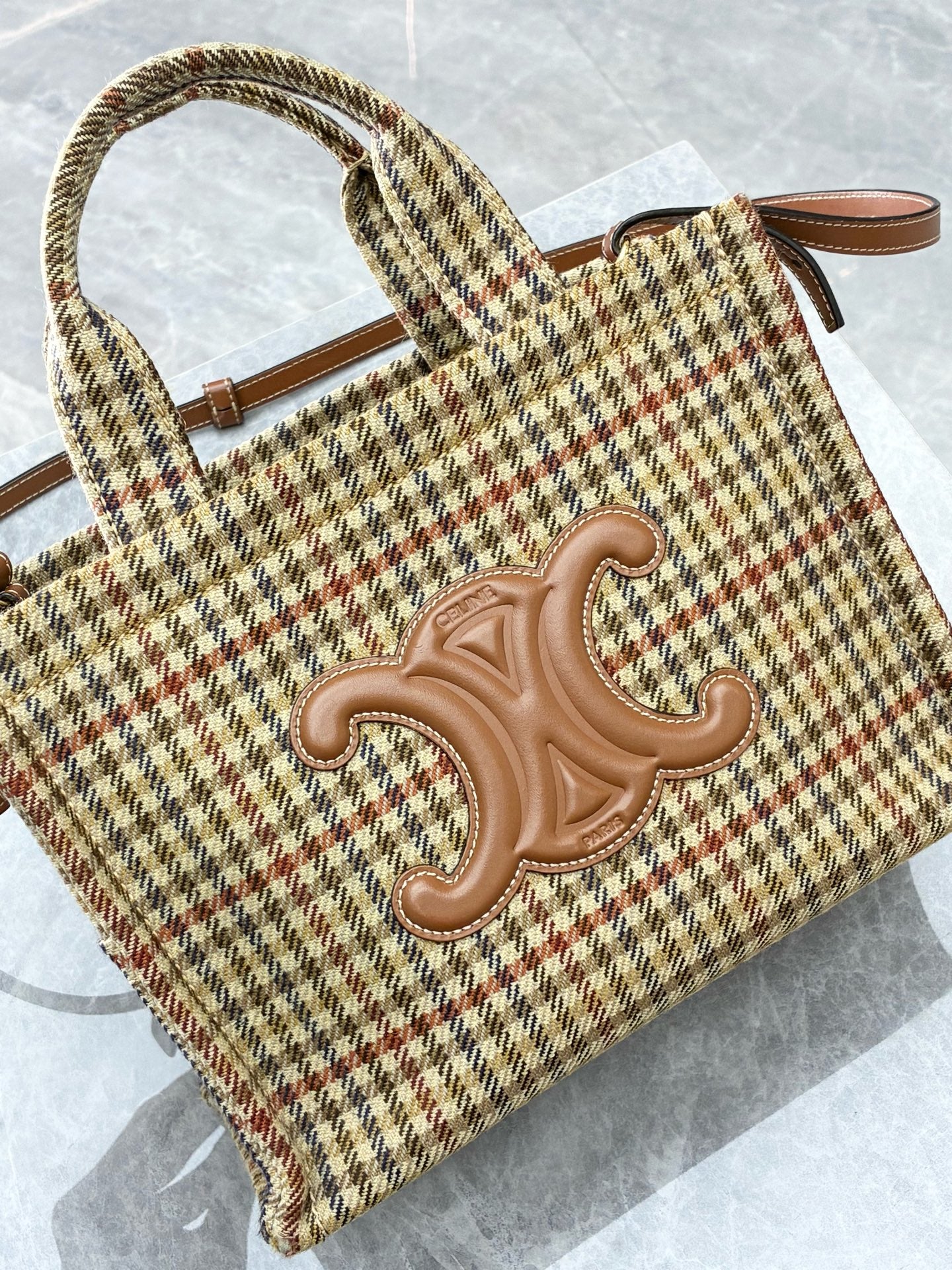 CELINE Triomphe Cabas Tote – Houndstooth Wool Textile, Tan Leather Trim, Pre-Owned