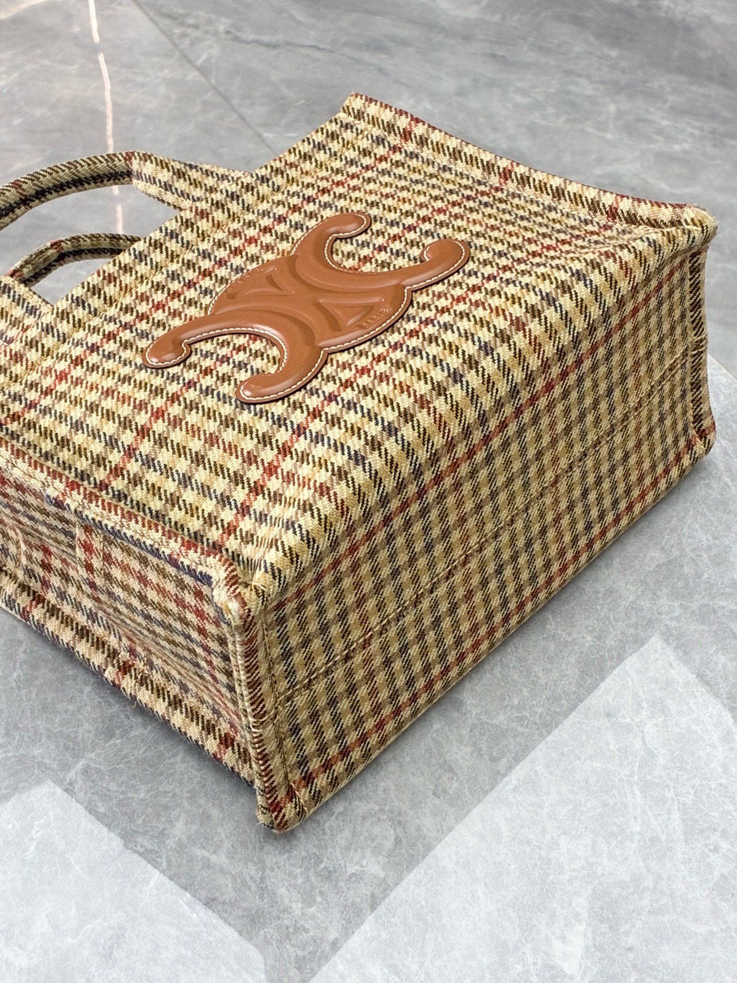 CELINE Triomphe Cabas Tote – Houndstooth Wool Textile, Tan Leather Trim, Pre-Owned