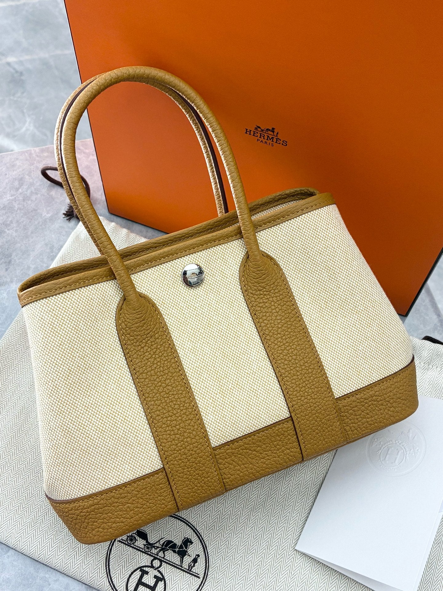 HERMÈS Garden Party 30 – Sesame Negonda Leather & Cream Toile Canvas, Palladium Hardware, Brand New