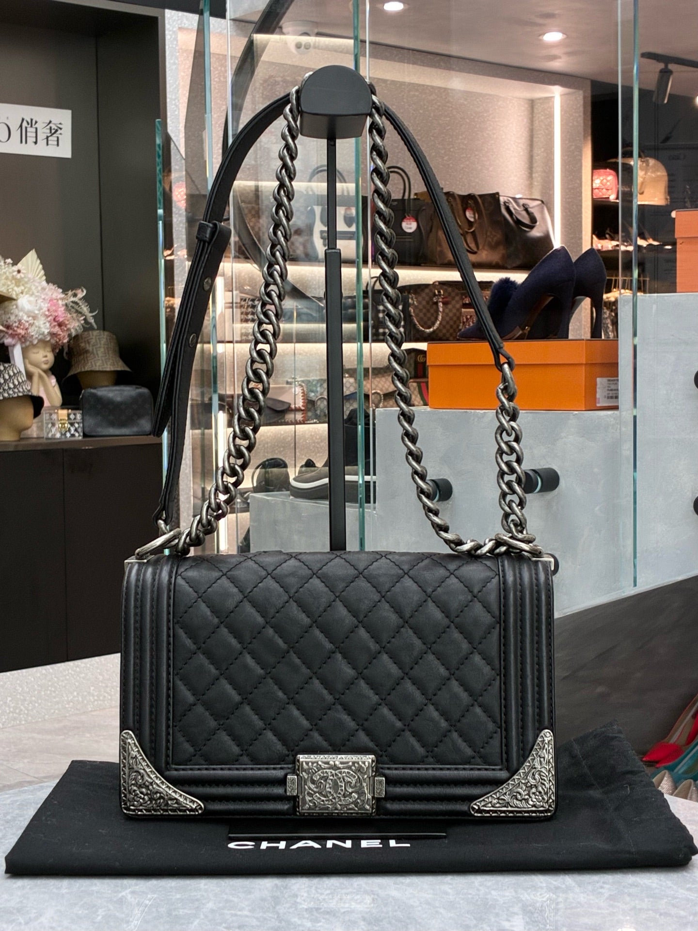 CHANEL Le Boy Bag – Black Quilted Calfskin Leather, Silver Hardware, Pre-Owned