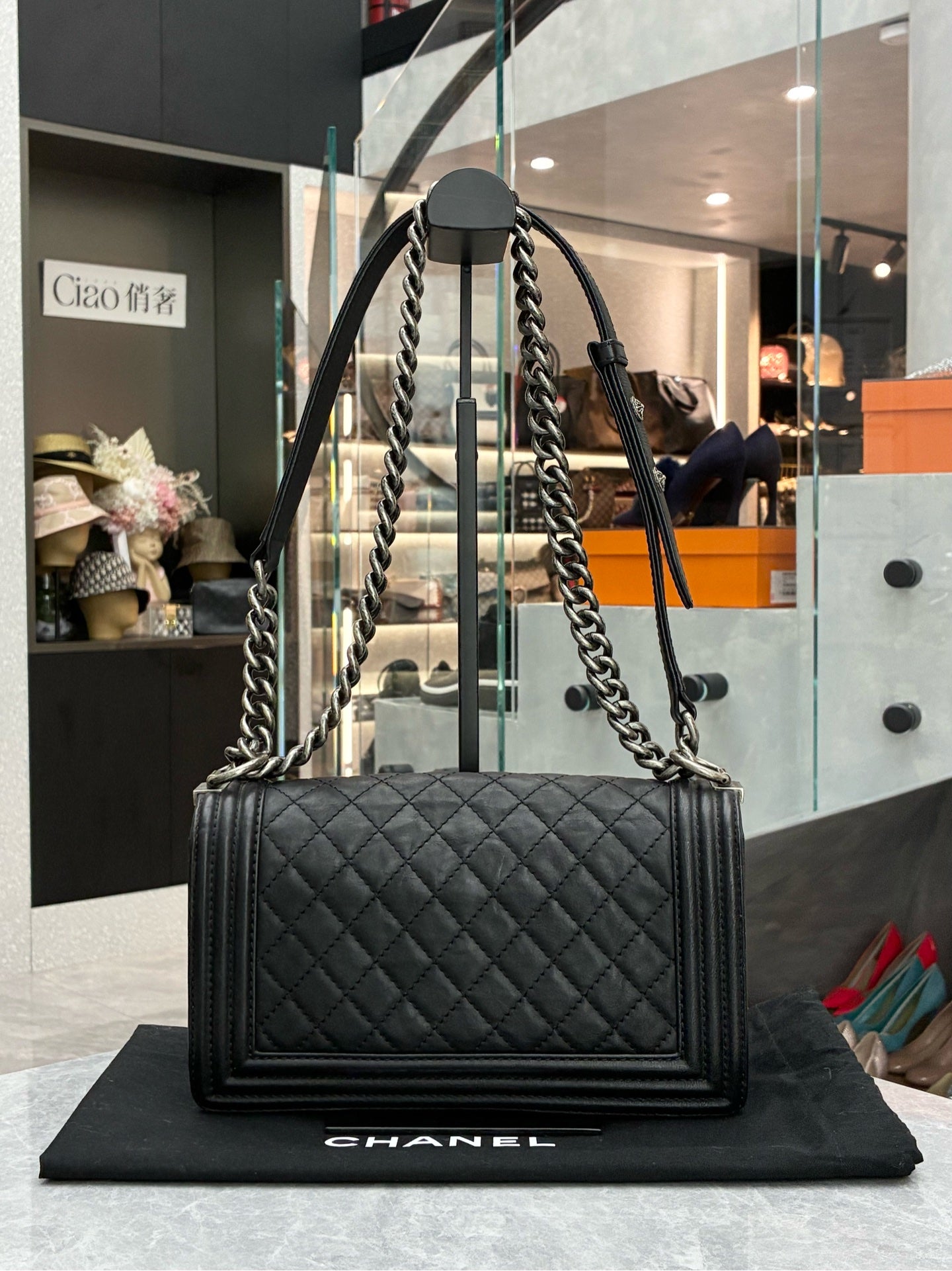 CHANEL Le Boy Bag – Black Quilted Calfskin Leather, Silver Hardware, Pre-Owned