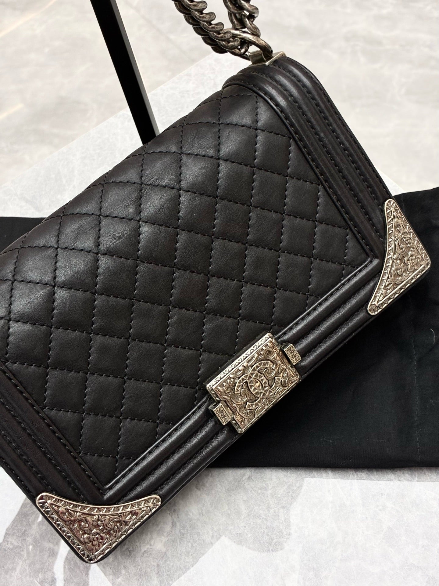CHANEL Le Boy Bag – Black Quilted Calfskin Leather, Silver Hardware, Pre-Owned