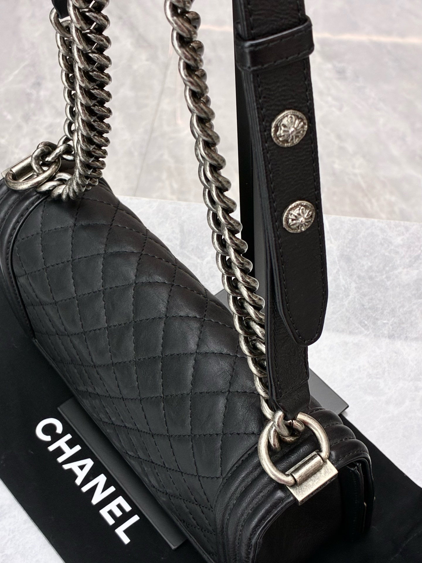 CHANEL Le Boy Bag – Black Quilted Calfskin Leather, Silver Hardware, Pre-Owned