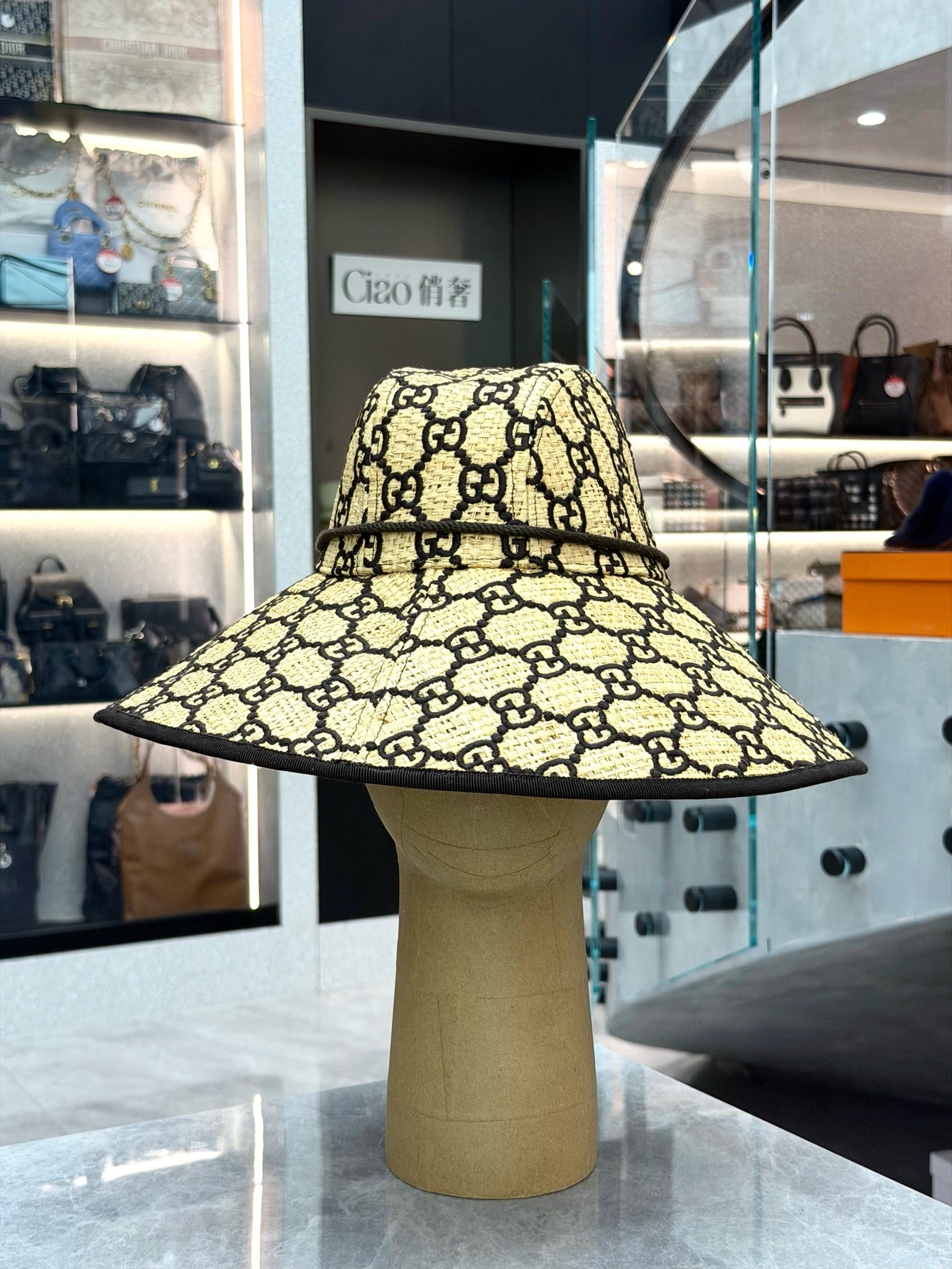 GUCCI GG Monogram Straw Bucket Hat – All-Over GG Print, Size M (57), Pre-Owned
