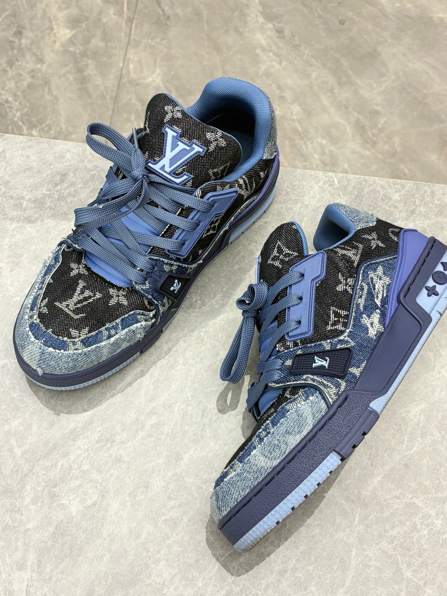 LOUIS VUITTON LV Trainer Sneaker – Distressed Blue Denim Canvas, Size 4, Pre-Owned