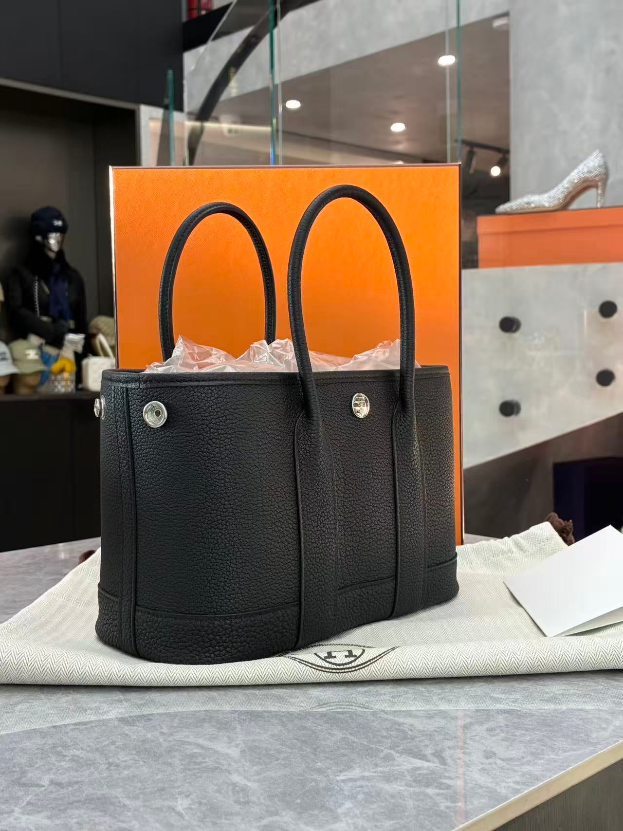 HERMÈS Garden Party 30 – Black Negonda Leather, Palladium Hardware, G Stamp, Brand New