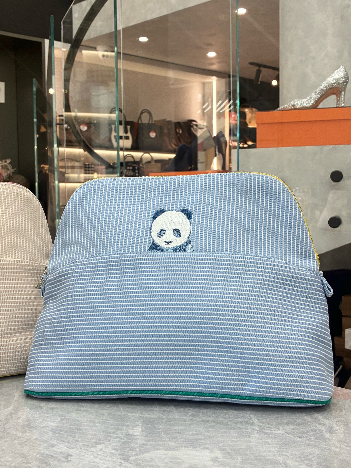 HERMÈS Passe-Passe Panda Toiletry Pouch – Blue Herringbone Canvas, Brand New