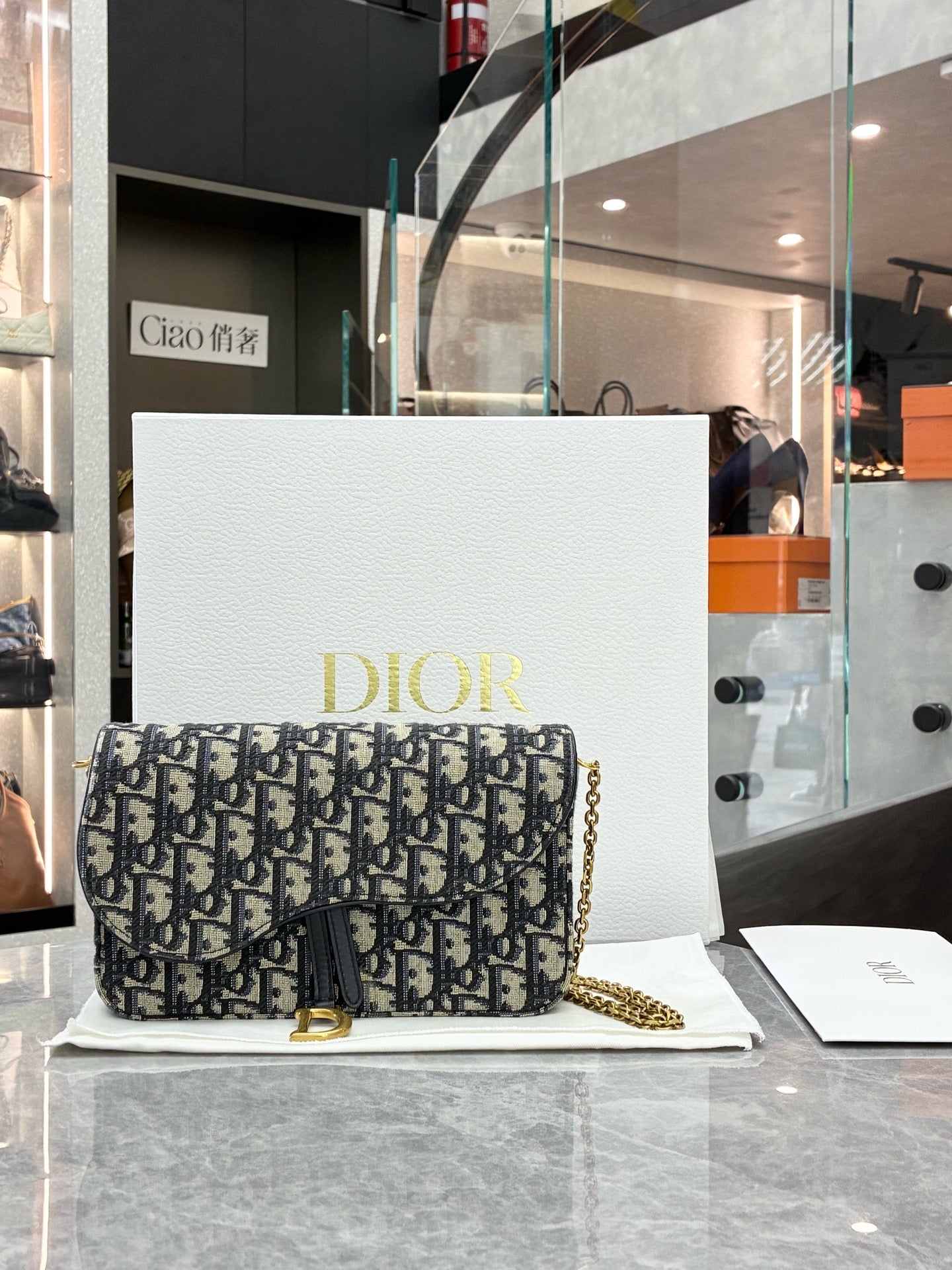 DIOR Oblique Wallet On Chain – Blue Oblique Jacquard Canvas, Reference S5620CTZQ_M928, Pre-Owned