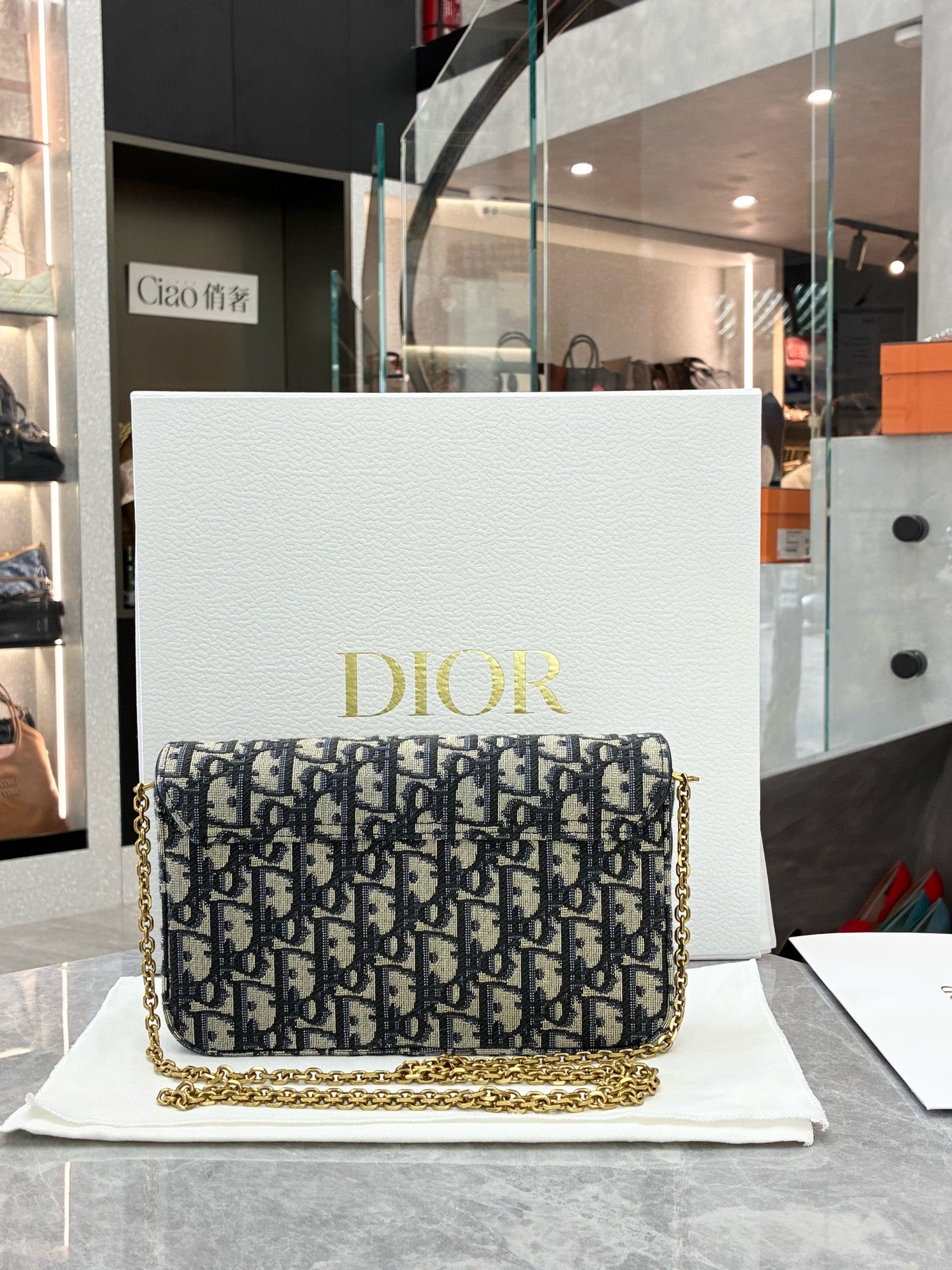 DIOR Oblique Wallet On Chain – Blue Oblique Jacquard Canvas, Reference S5620CTZQ_M928, Pre-Owned
