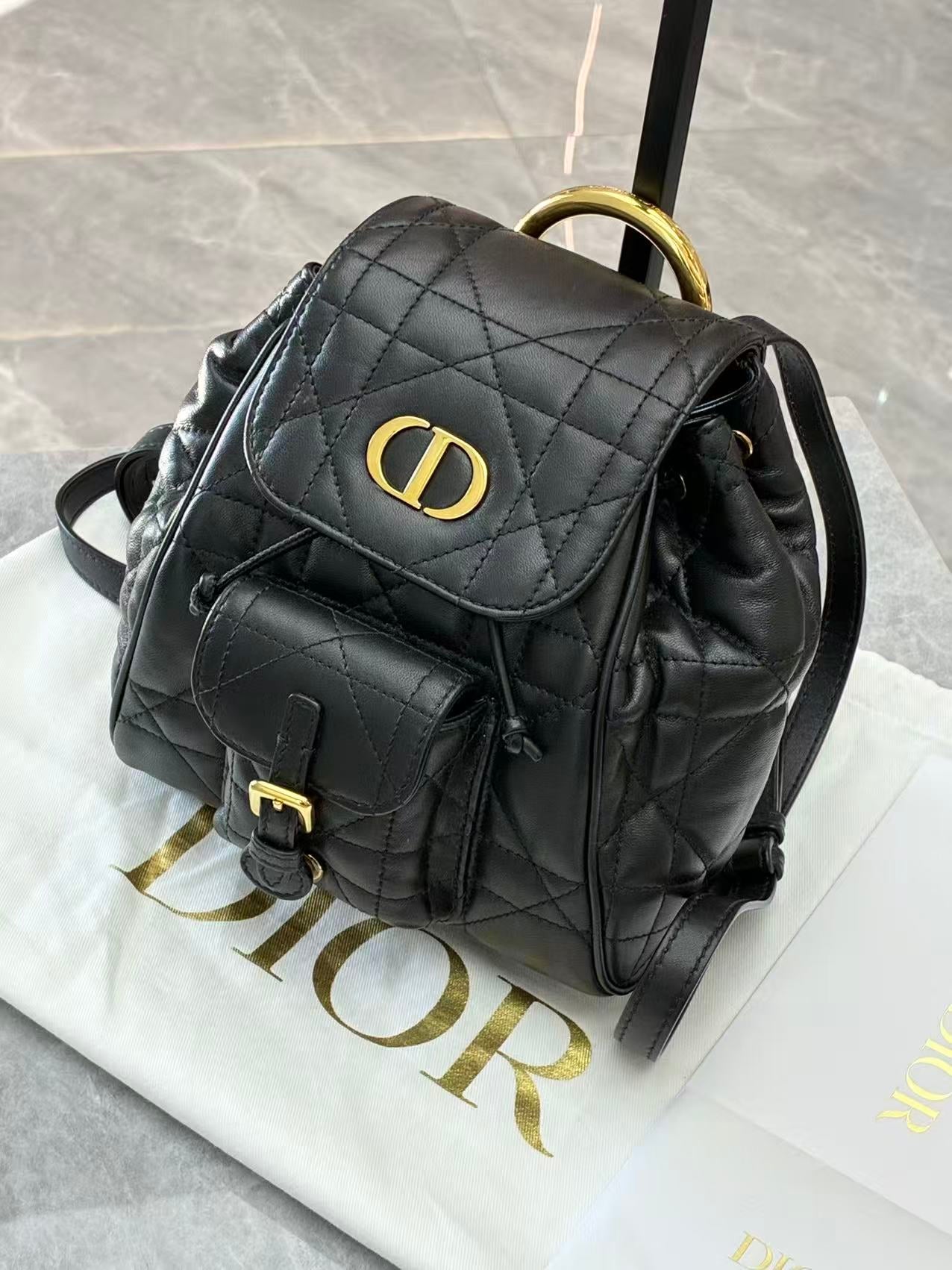DIOR Caro Mini Backpack – Black Lambskin Leather, Oversized Cannage, Reference S5237UNOZ_M900, Excellent Pre-Owned