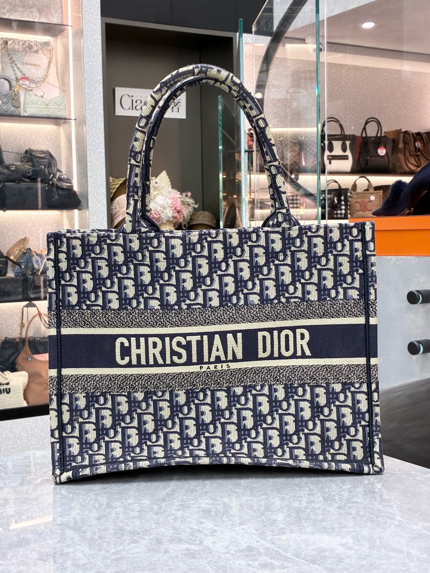 DIOR Book Tote Small – Ecru & Blue Oblique Embroidered Canvas, Reference M1296ZRIW_M928, Pre-Owned